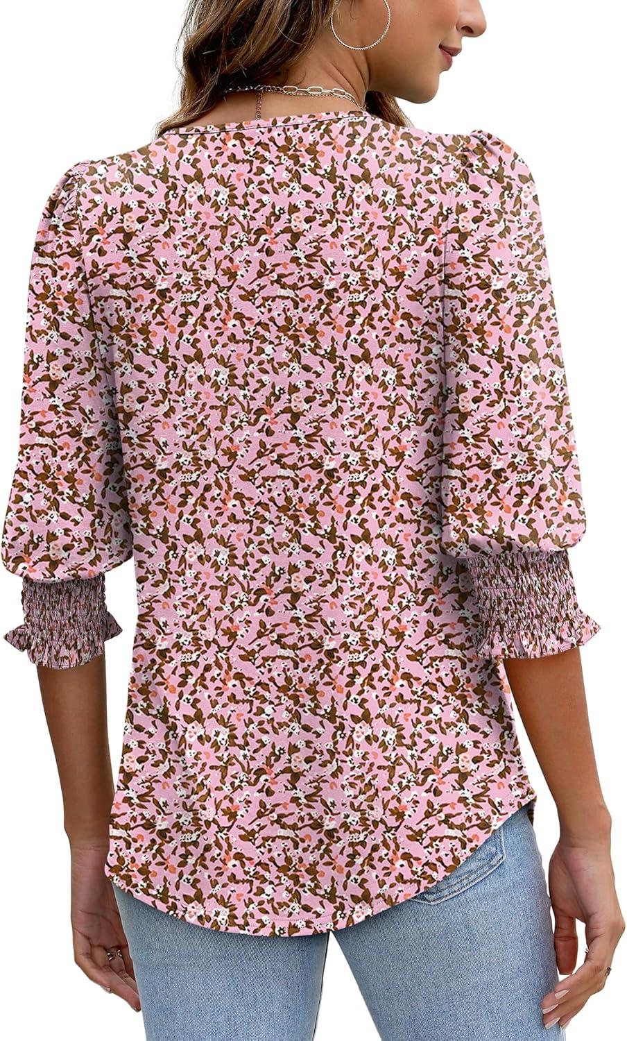 imageXIEERDUO Blouses for Women Dressy Casual 34 Length Sleeve Womens Tops with Smocked CuffsVdark Pink Floral