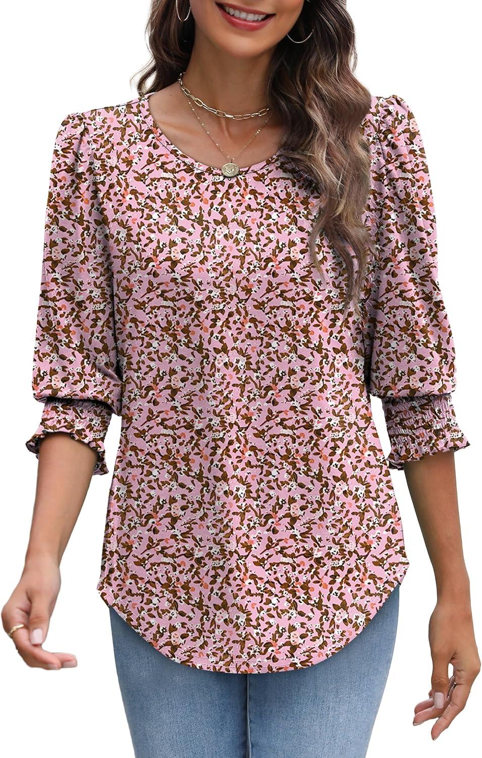 imageXIEERDUO Blouses for Women Dressy Casual 34 Length Sleeve Womens Tops with Smocked CuffsVdark Pink Floral