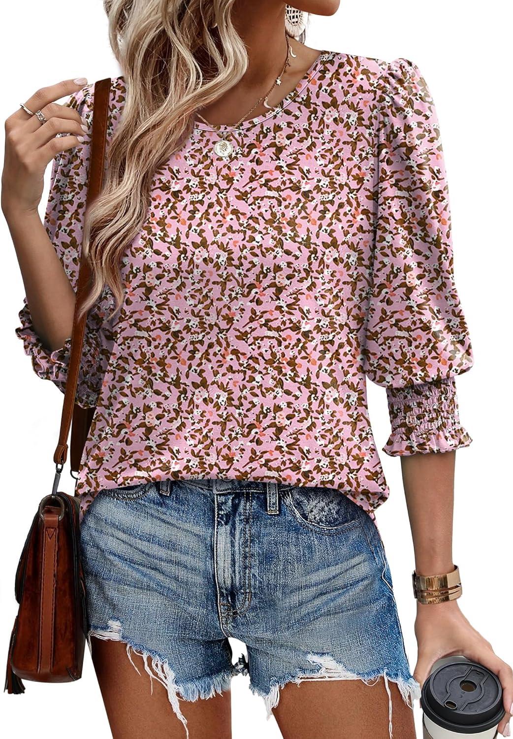 imageXIEERDUO Blouses for Women Dressy Casual 34 Length Sleeve Womens Tops with Smocked CuffsVdark Pink Floral