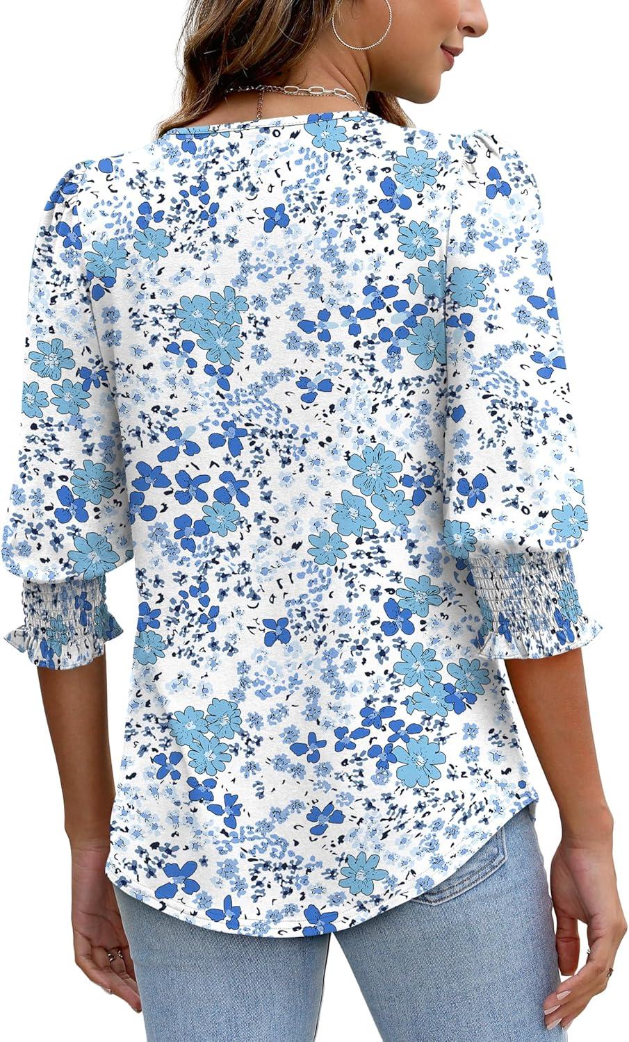 imageXIEERDUO Blouses for Women Dressy Casual 34 Length Sleeve Womens Tops with Smocked CuffsVlight Blue Floral