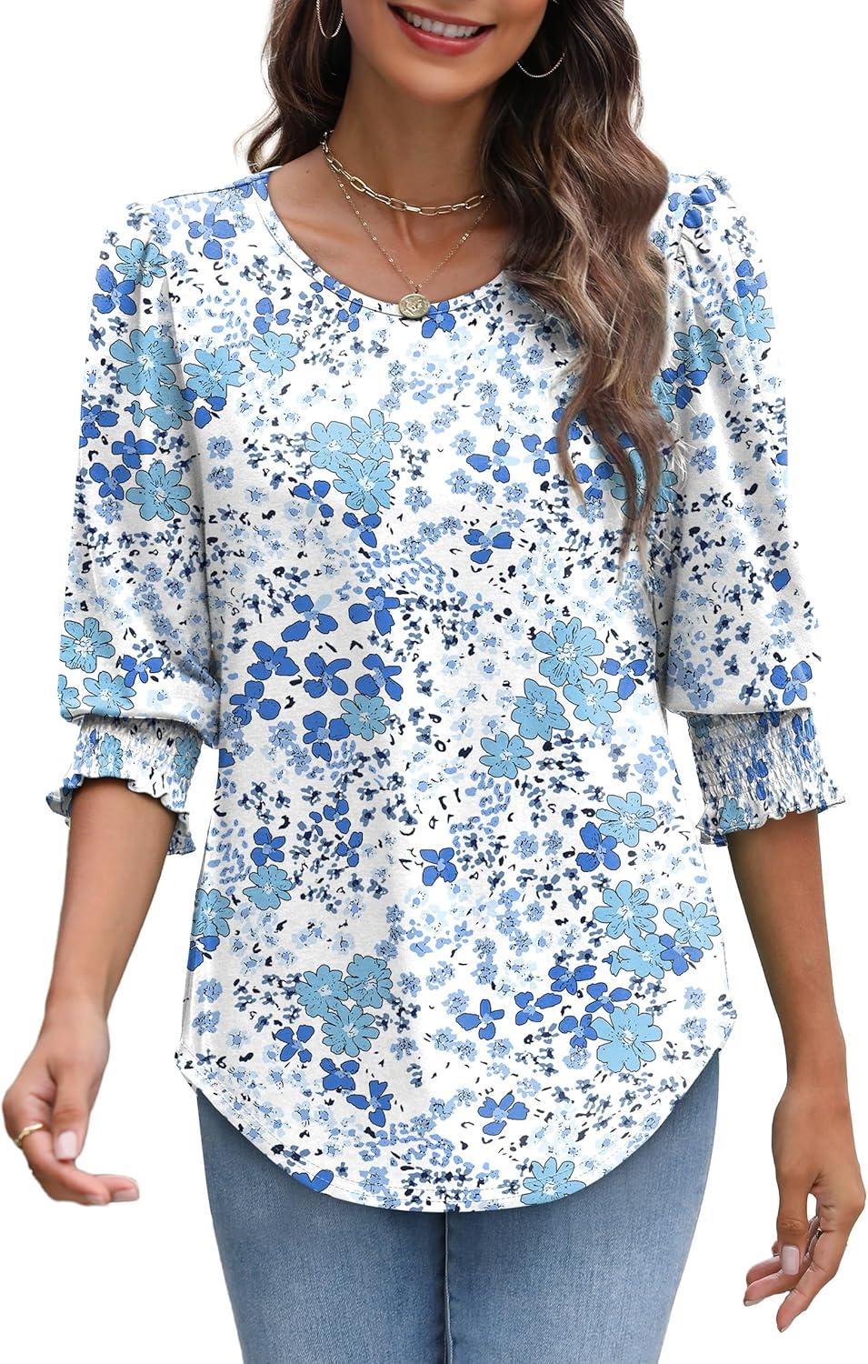 imageXIEERDUO Blouses for Women Dressy Casual 34 Length Sleeve Womens Tops with Smocked CuffsVlight Blue Floral