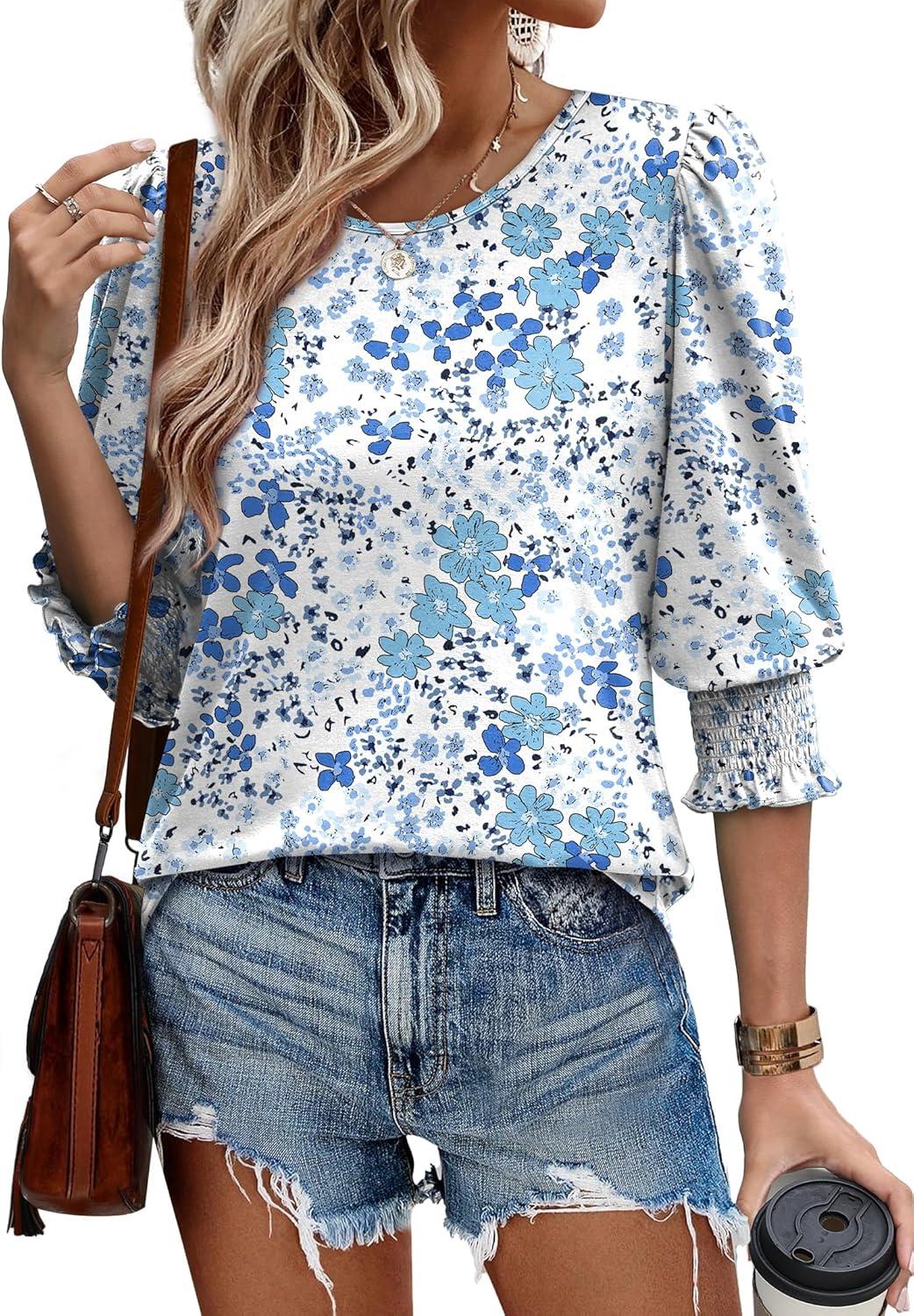 imageXIEERDUO Blouses for Women Dressy Casual 34 Length Sleeve Womens Tops with Smocked CuffsVlight Blue Floral