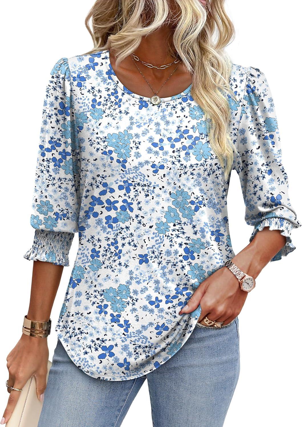 imageXIEERDUO Blouses for Women Dressy Casual 34 Length Sleeve Womens Tops with Smocked CuffsVlight Blue Floral