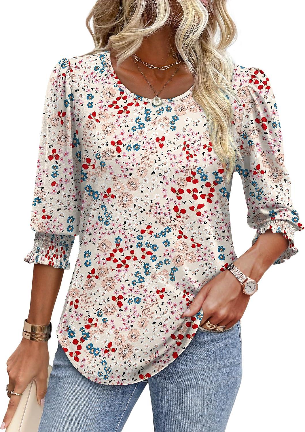 imageXIEERDUO Blouses for Women Dressy Casual 34 Length Sleeve Womens Tops with Smocked CuffsVlight Pink Floral