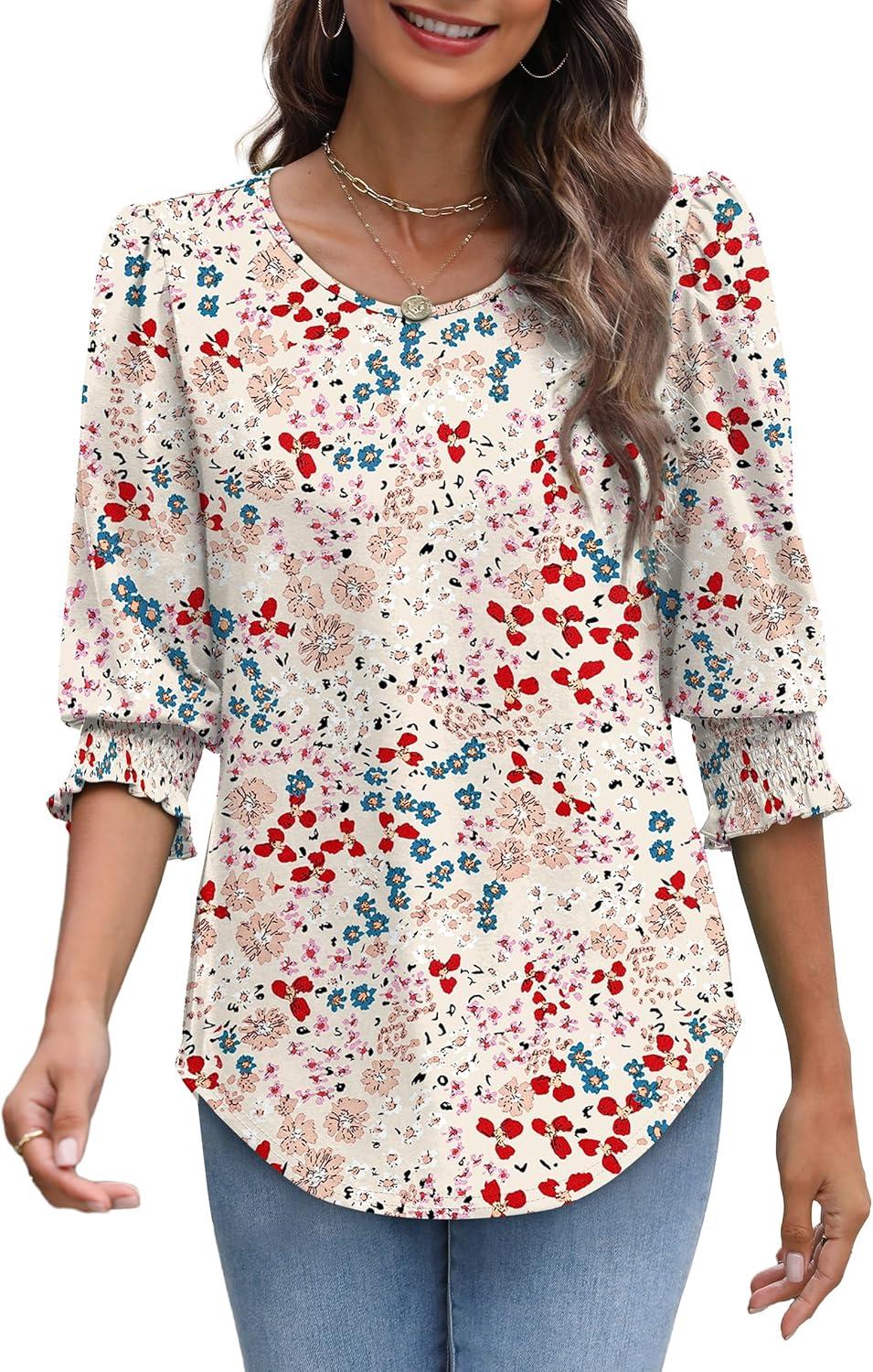 imageXIEERDUO Blouses for Women Dressy Casual 34 Length Sleeve Womens Tops with Smocked CuffsVlight Pink Floral