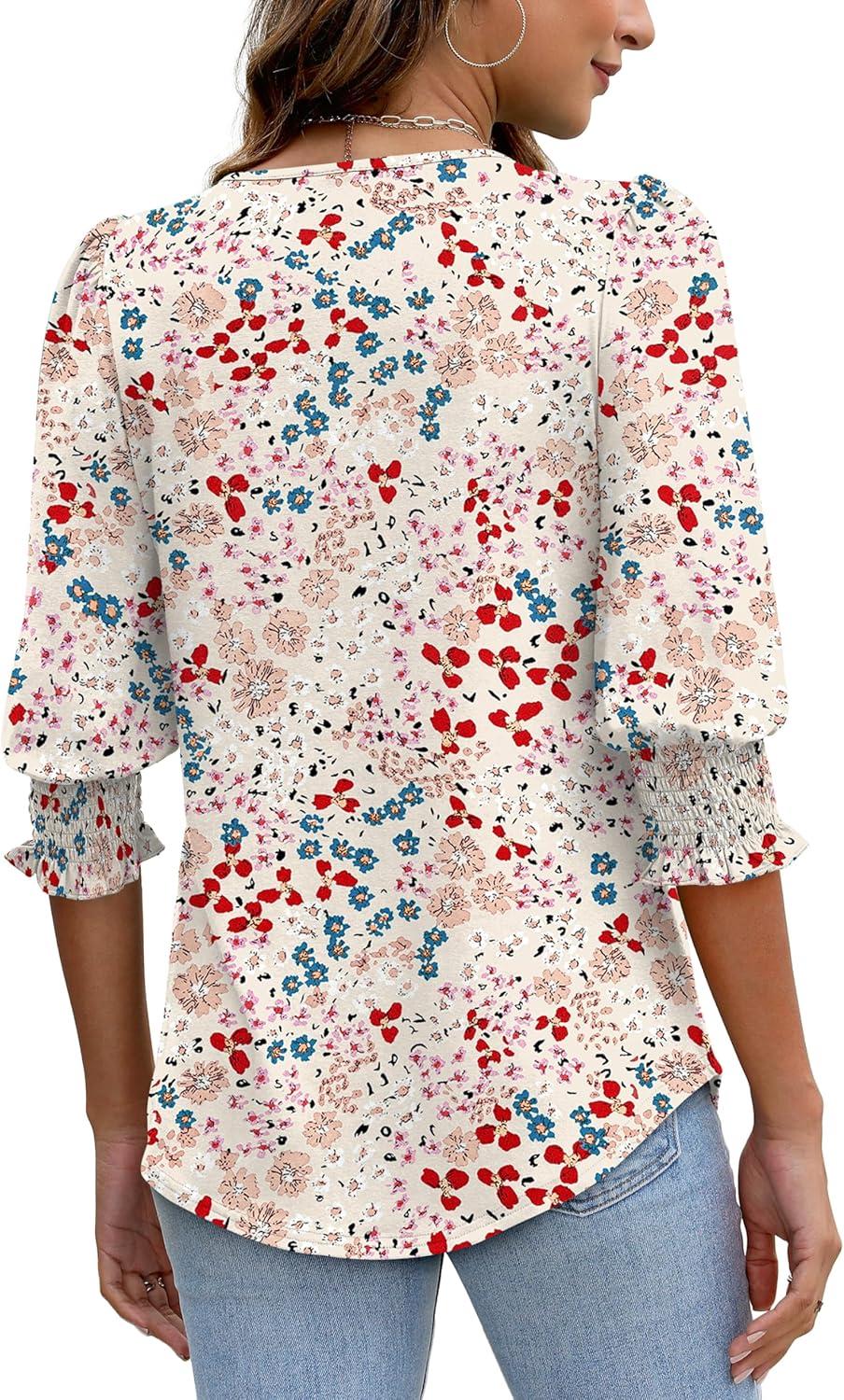 imageXIEERDUO Blouses for Women Dressy Casual 34 Length Sleeve Womens Tops with Smocked CuffsVlight Pink Floral