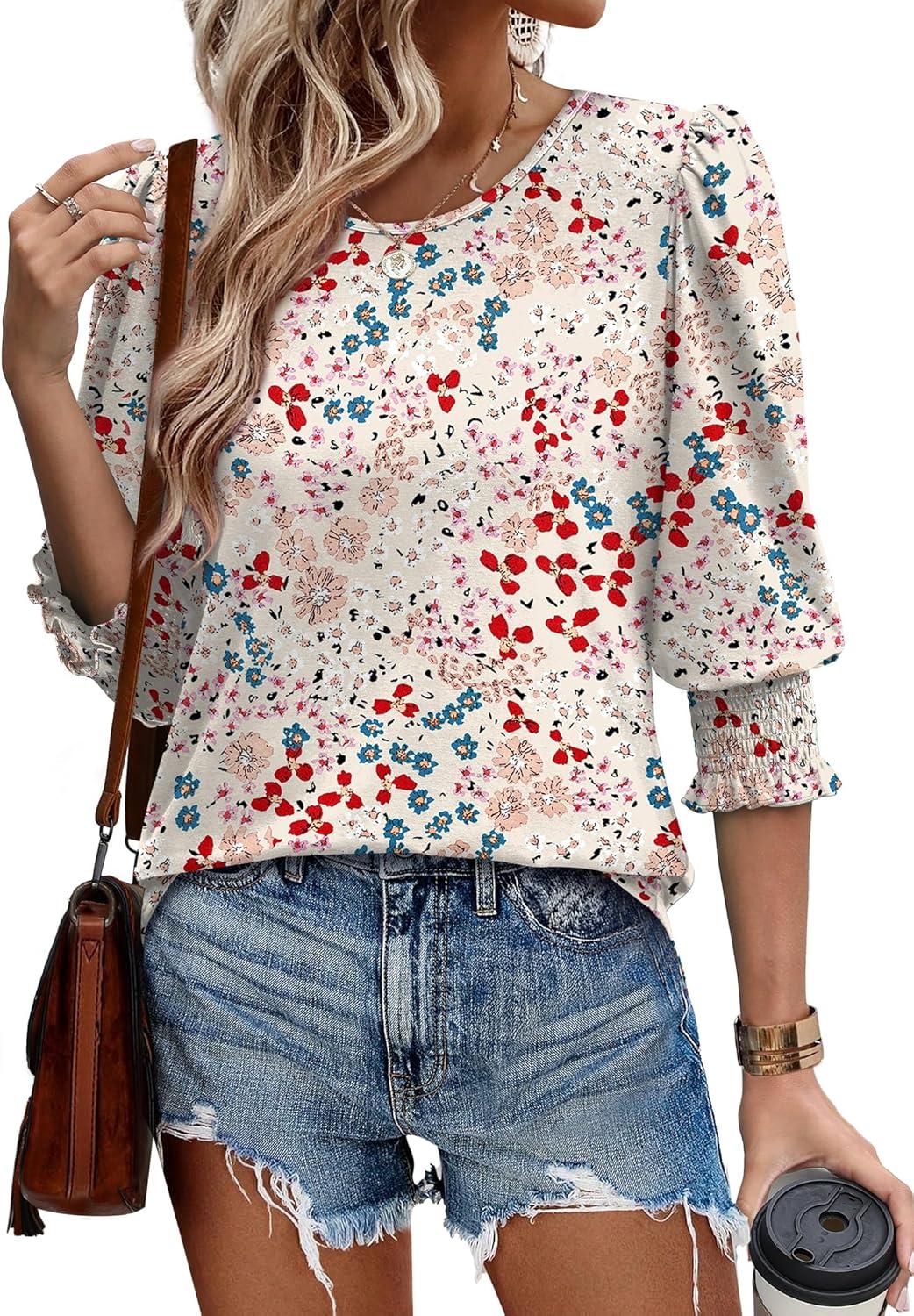 imageXIEERDUO Blouses for Women Dressy Casual 34 Length Sleeve Womens Tops with Smocked CuffsVlight Pink Floral