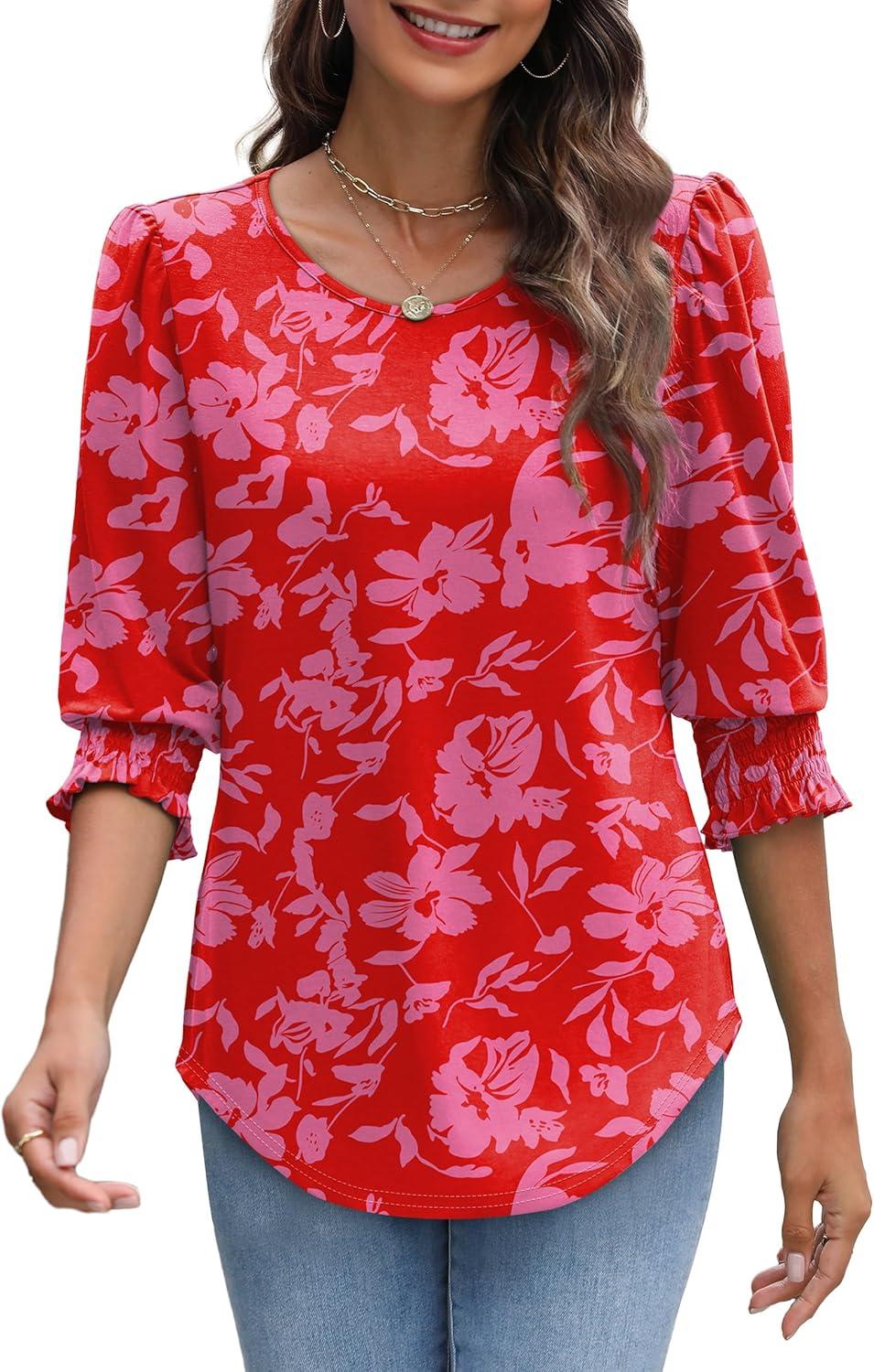 imageXIEERDUO Blouses for Women Dressy Casual 34 Length Sleeve Womens Tops with Smocked CuffsVred Pink Floral