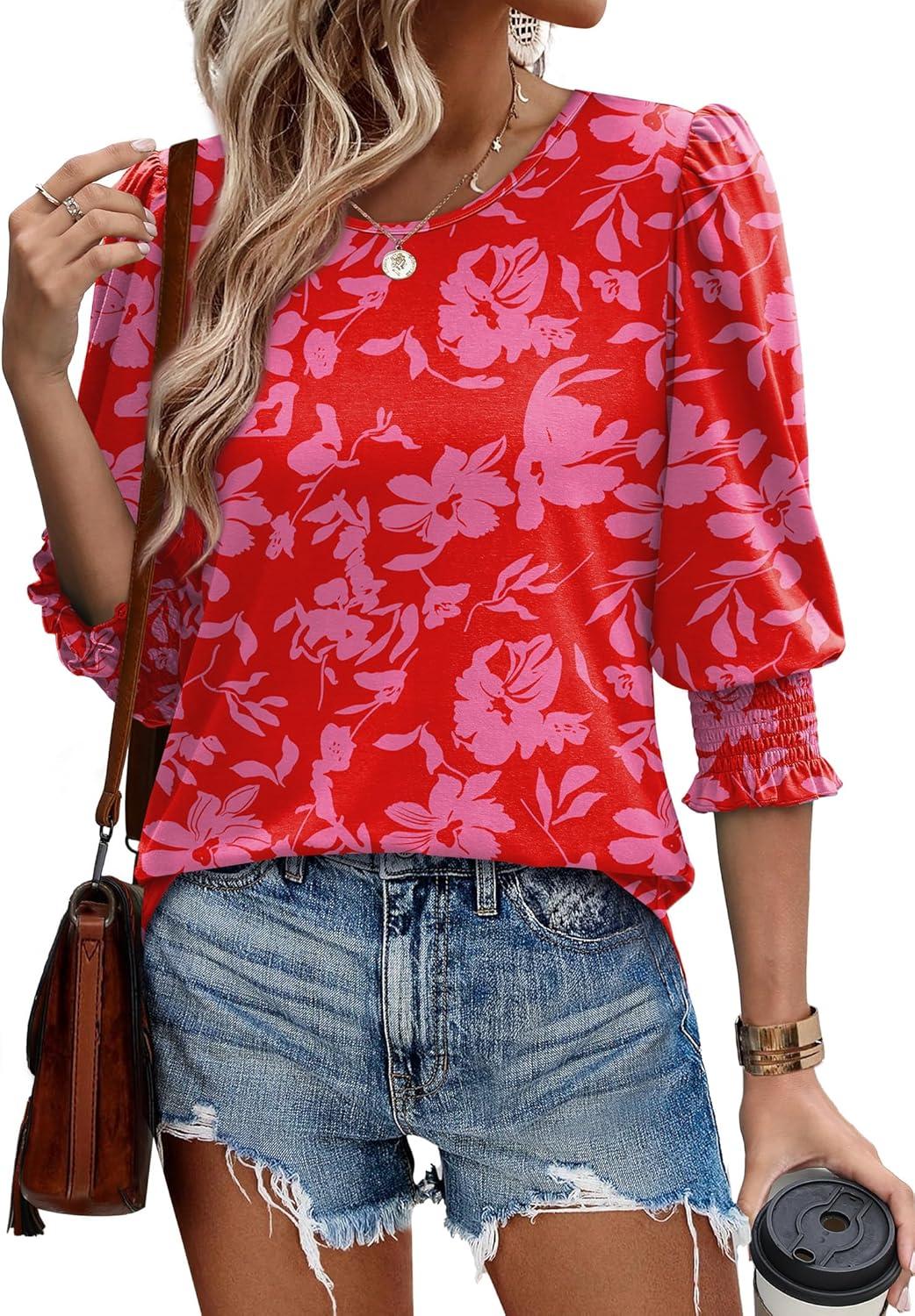 imageXIEERDUO Blouses for Women Dressy Casual 34 Length Sleeve Womens Tops with Smocked CuffsVred Pink Floral