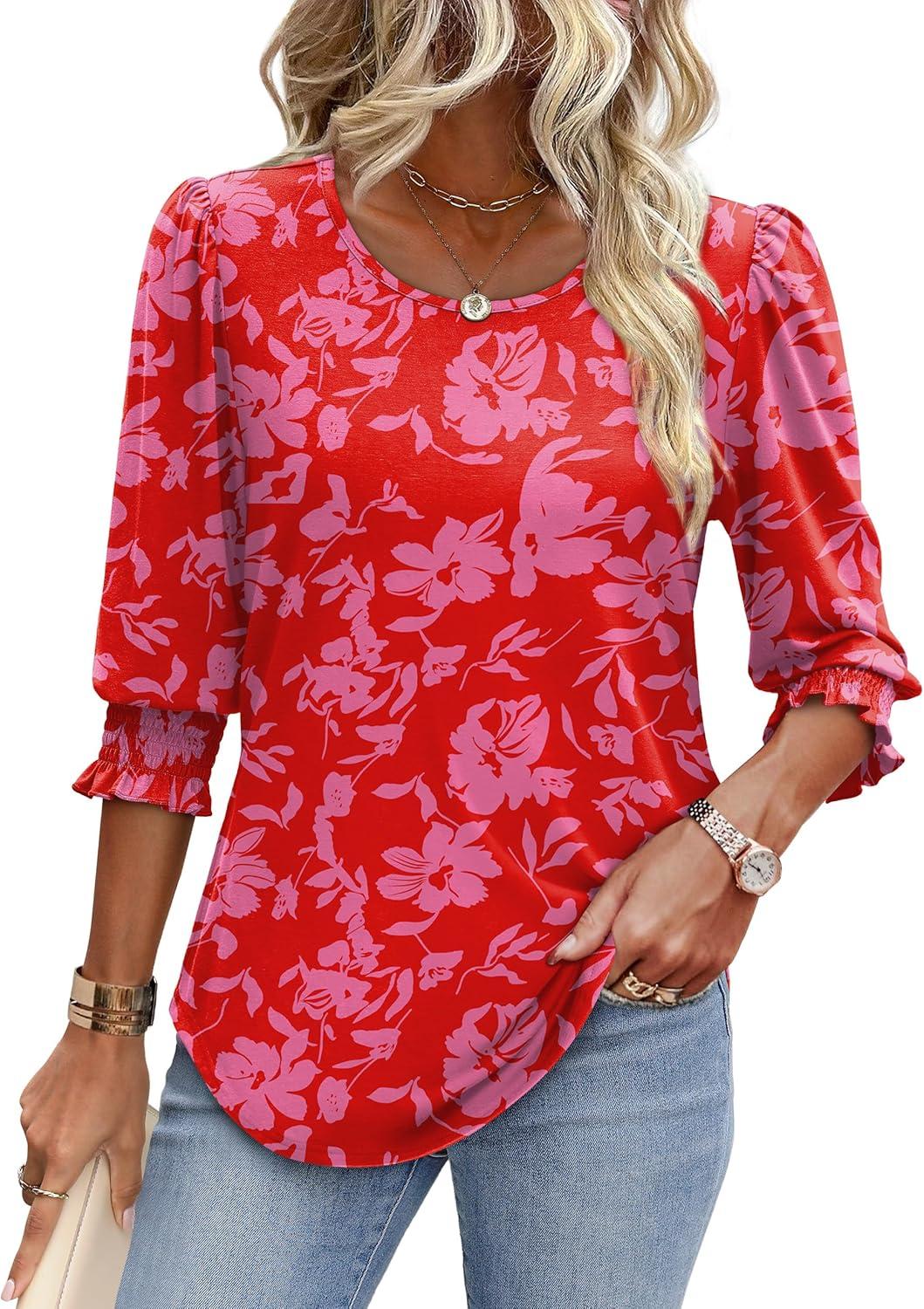 imageXIEERDUO Blouses for Women Dressy Casual 34 Length Sleeve Womens Tops with Smocked CuffsVred Pink Floral