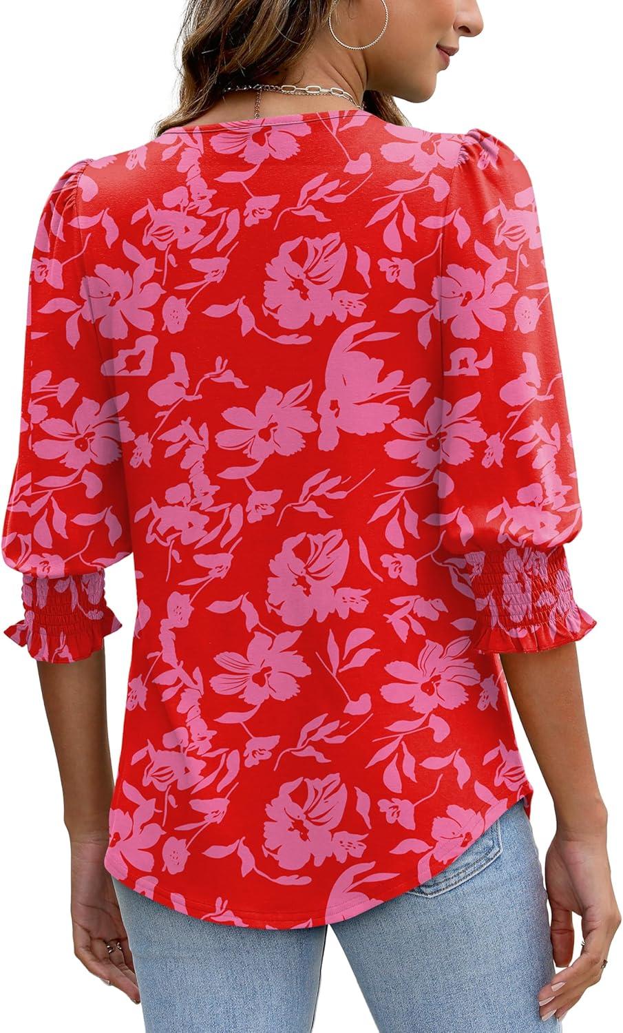 imageXIEERDUO Blouses for Women Dressy Casual 34 Length Sleeve Womens Tops with Smocked CuffsVred Pink Floral