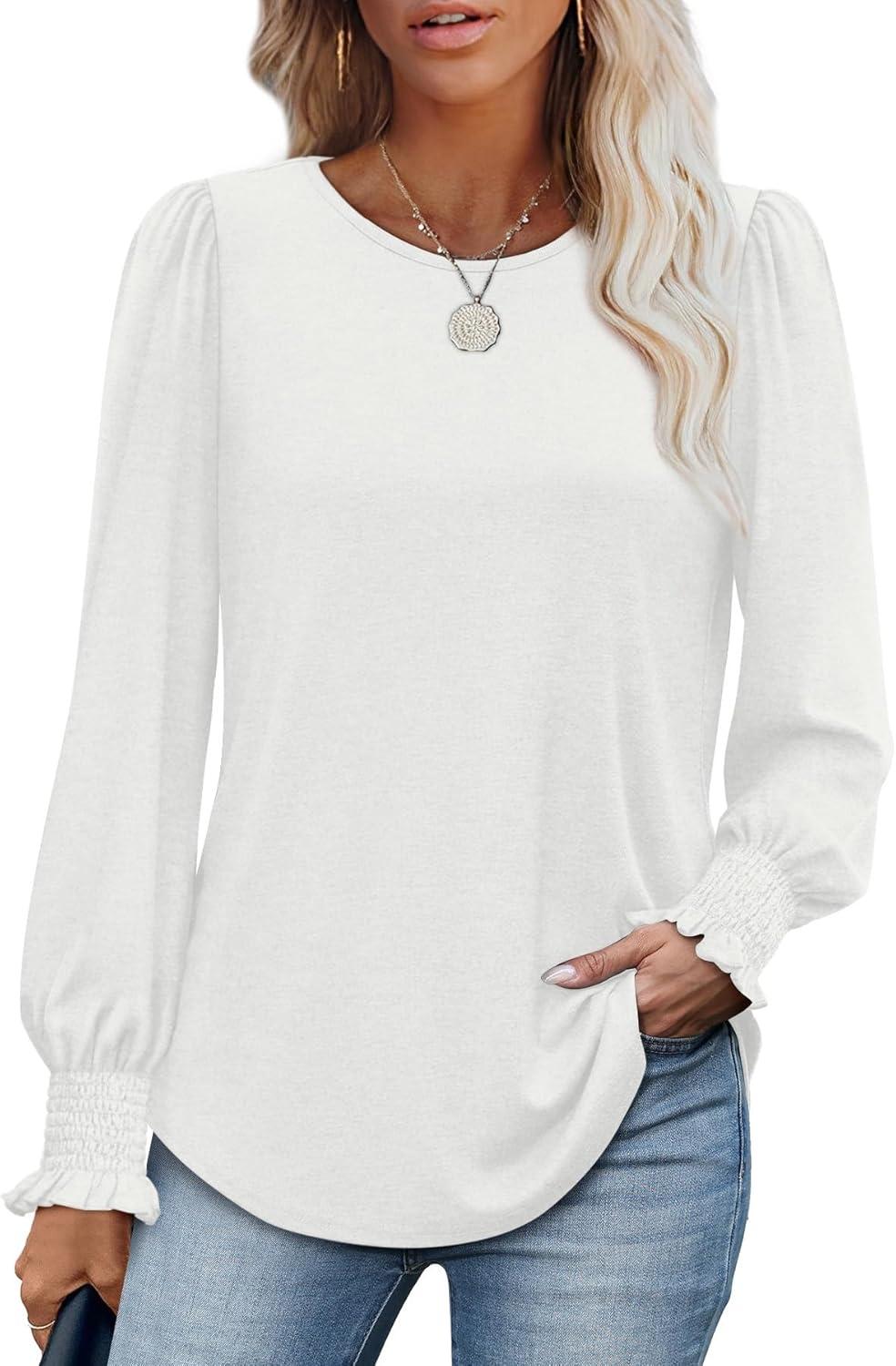 imageXIEERDUO Blouses for Women Dressy Casual Long Sleeve Shirts Fashion Clothing Puff Sleeve Tunic Tops with Smocked CuffsAwhite