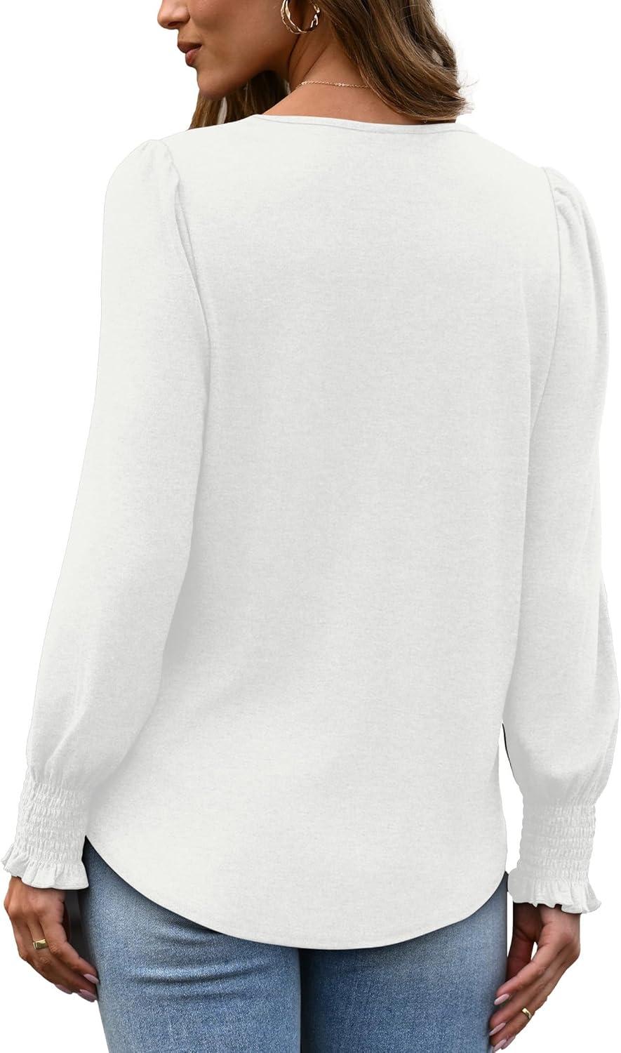 imageXIEERDUO Blouses for Women Dressy Casual Long Sleeve Shirts Fashion Clothing Puff Sleeve Tunic Tops with Smocked CuffsAwhite