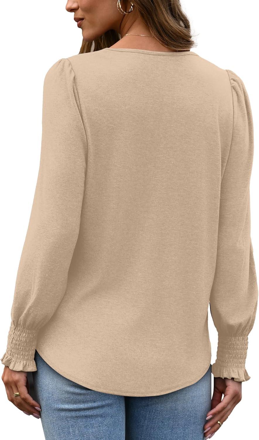 imageXIEERDUO Blouses for Women Dressy Casual Long Sleeve Shirts Fashion Clothing Puff Sleeve Tunic Tops with Smocked CuffsBbeige