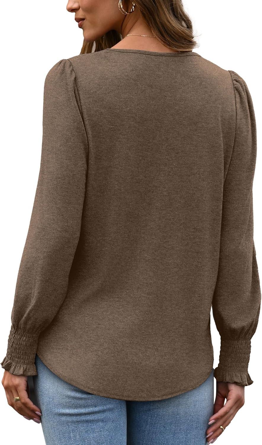 imageXIEERDUO Blouses for Women Dressy Casual Long Sleeve Shirts Fashion Clothing Puff Sleeve Tunic Tops with Smocked CuffsCcoffee