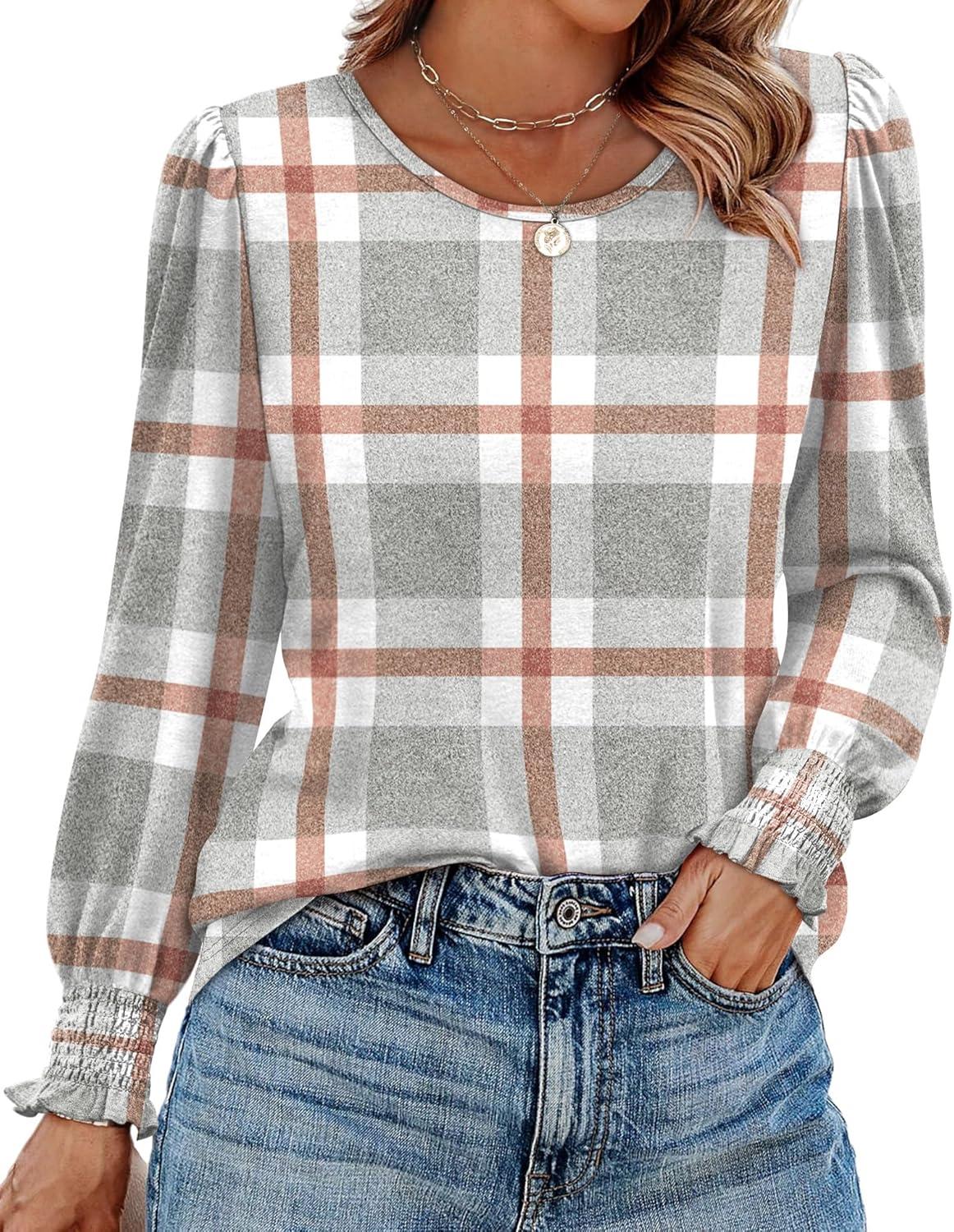 imageXIEERDUO Blouses for Women Dressy Casual Long Sleeve Shirts Fashion Clothing Puff Sleeve Tunic Tops with Smocked CuffsCgrey Block