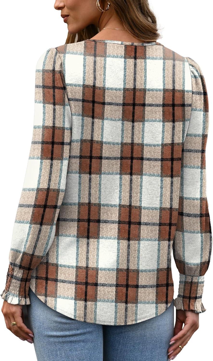 imageXIEERDUO Blouses for Women Dressy Casual Long Sleeve Shirts Fashion Clothing Puff Sleeve Tunic Tops with Smocked CuffsCkhaki Block