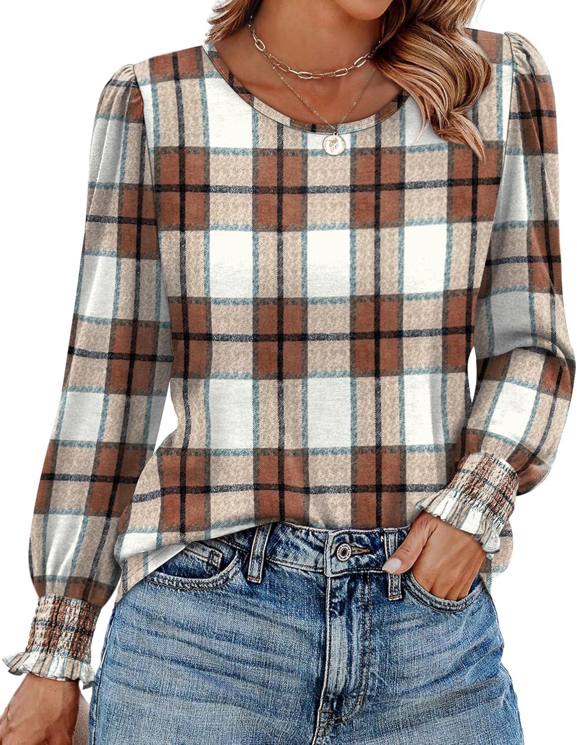 imageXIEERDUO Blouses for Women Dressy Casual Long Sleeve Shirts Fashion Clothing Puff Sleeve Tunic Tops with Smocked CuffsCkhaki Block