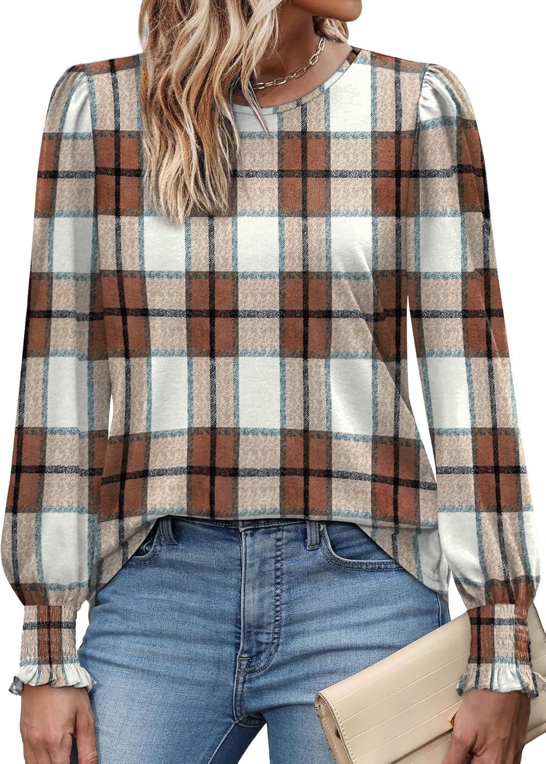 imageXIEERDUO Blouses for Women Dressy Casual Long Sleeve Shirts Fashion Clothing Puff Sleeve Tunic Tops with Smocked CuffsCkhaki Block