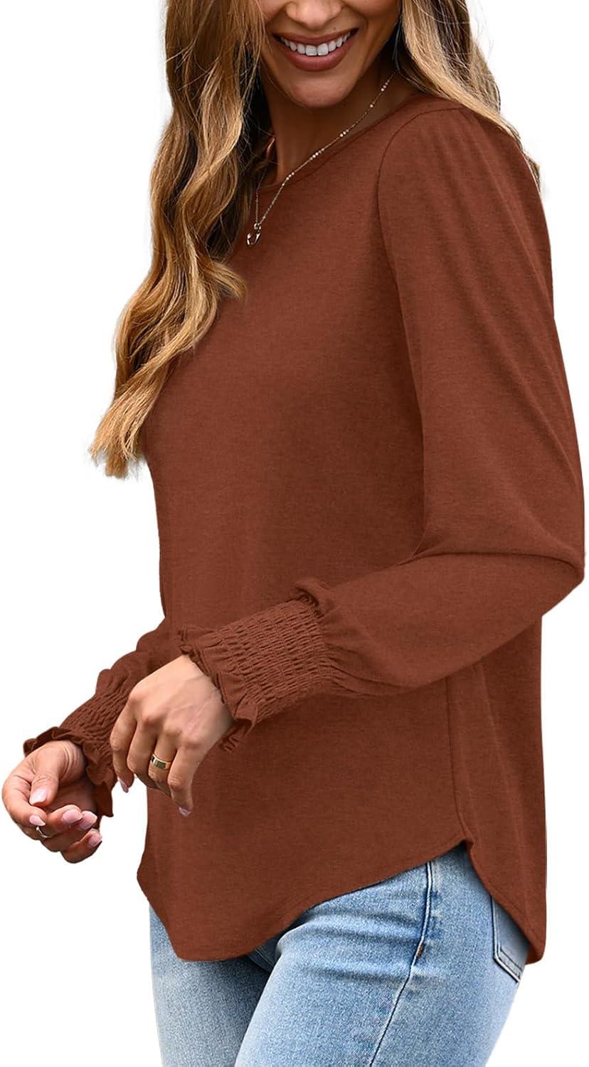imageXIEERDUO Blouses for Women Dressy Casual Long Sleeve Shirts Fashion Clothing Puff Sleeve Tunic Tops with Smocked CuffsDcaramel