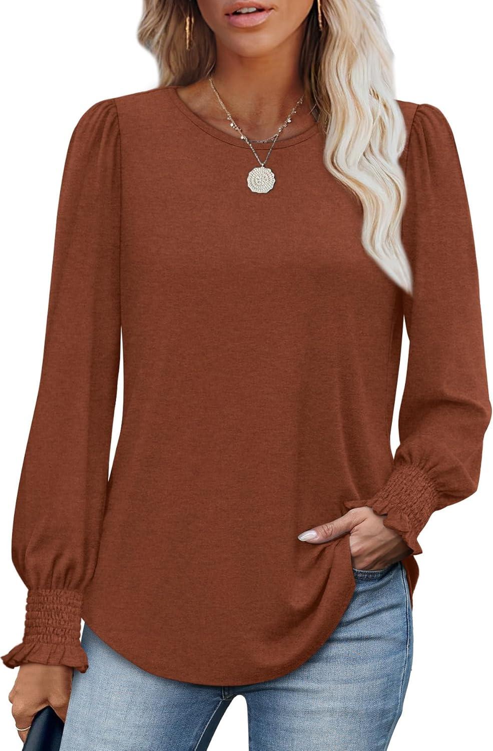 imageXIEERDUO Blouses for Women Dressy Casual Long Sleeve Shirts Fashion Clothing Puff Sleeve Tunic Tops with Smocked CuffsDcaramel