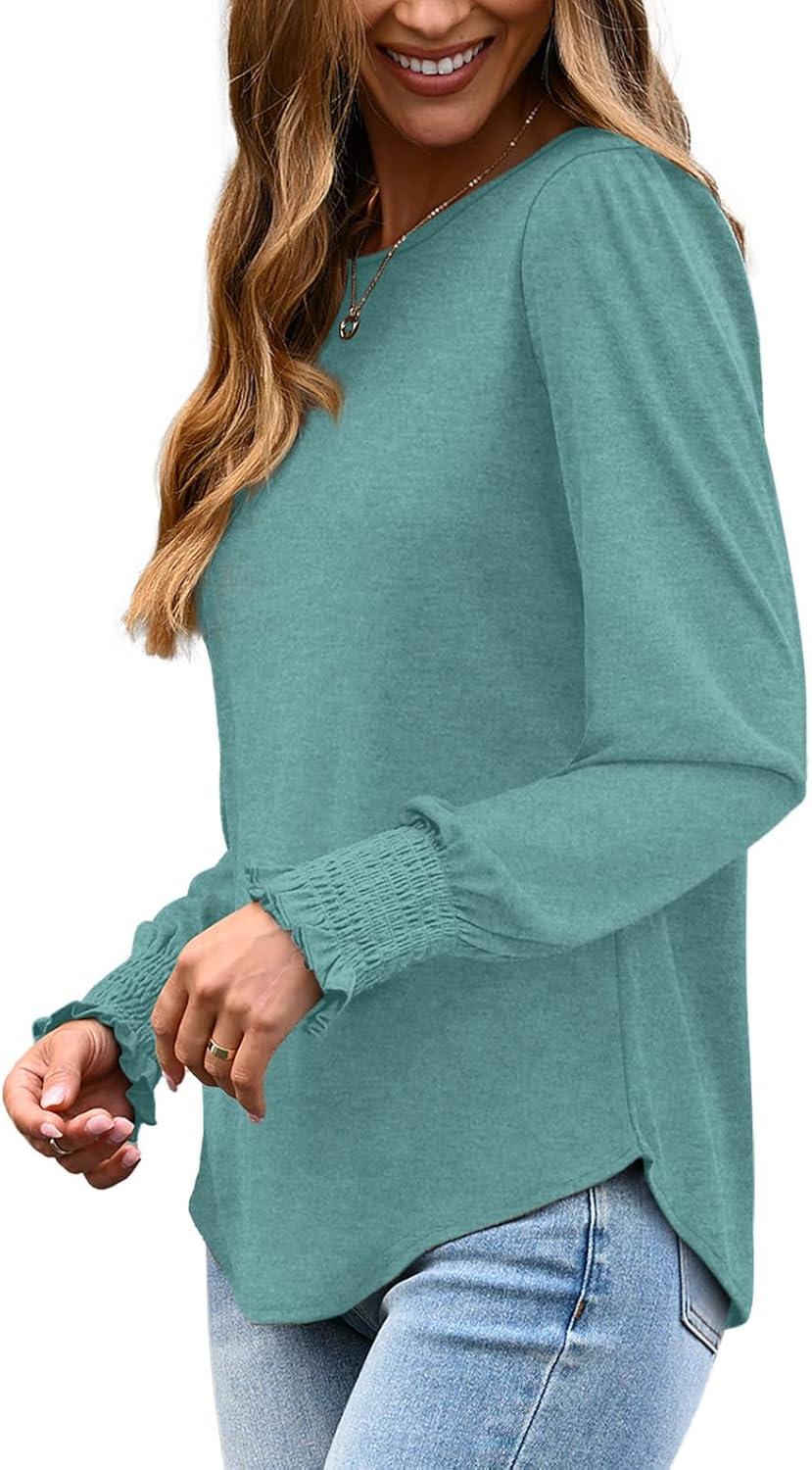 imageXIEERDUO Blouses for Women Dressy Casual Long Sleeve Shirts Fashion Clothing Puff Sleeve Tunic Tops with Smocked CuffsFblue Green
