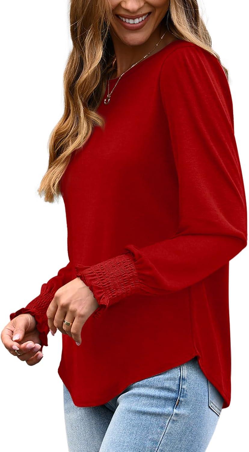 imageXIEERDUO Blouses for Women Dressy Casual Long Sleeve Shirts Fashion Clothing Puff Sleeve Tunic Tops with Smocked CuffsGred