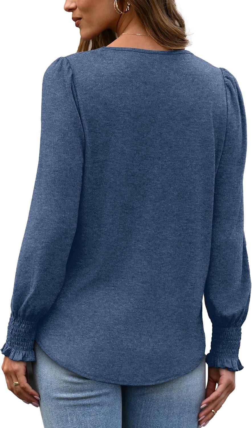 imageXIEERDUO Blouses for Women Dressy Casual Long Sleeve Shirts Fashion Clothing Puff Sleeve Tunic Tops with Smocked CuffsHblue