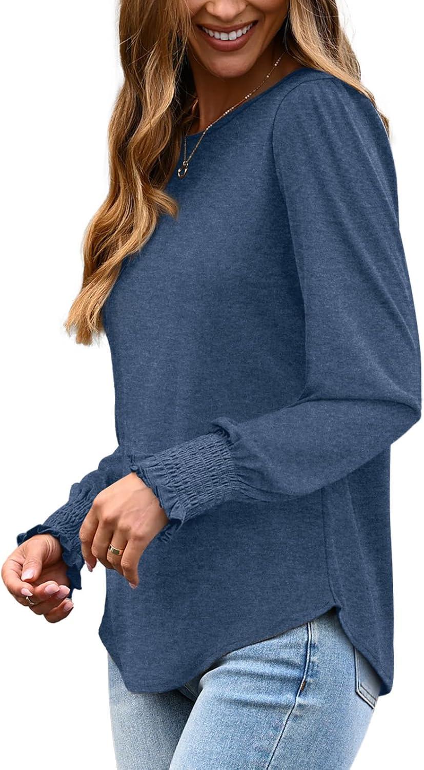 imageXIEERDUO Blouses for Women Dressy Casual Long Sleeve Shirts Fashion Clothing Puff Sleeve Tunic Tops with Smocked CuffsHblue