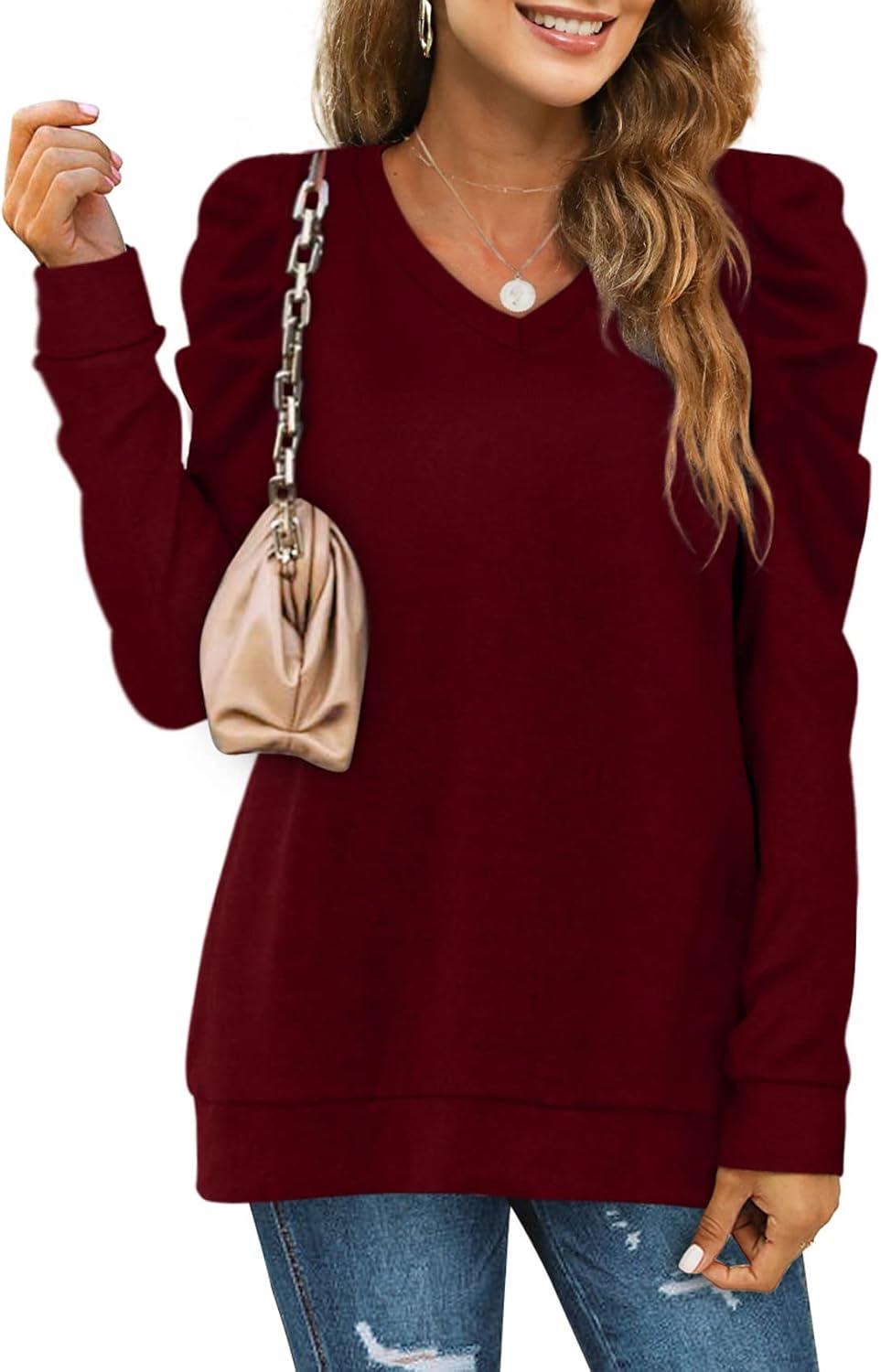 imageXIEERDUO Christmas Sweatshirts for Women V Neck Puff Sleeve Winter Clothes Warm Trendy L