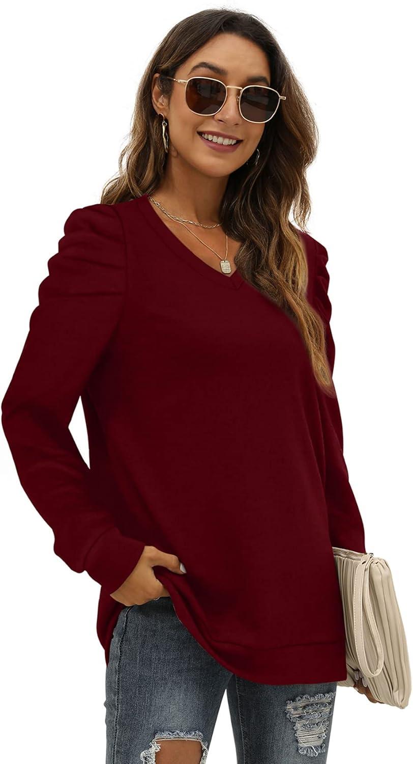 imageXIEERDUO Christmas Sweatshirts for Women V Neck Puff Sleeve Winter Clothes Warm Trendy L