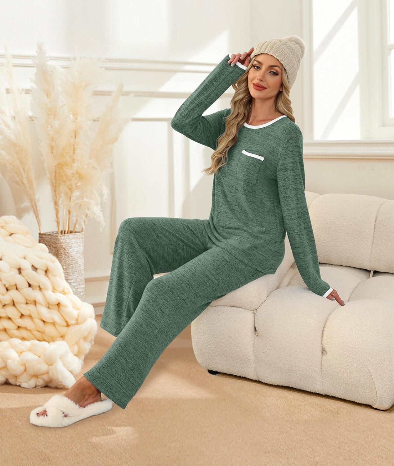 imageXIEERDUO Fall Outfits 2025 Lounge Sets For Women 2 Piece Soft Pajama Set For Women Lounge Pijamas De Mujer Postpartum Chest Pocket Nightwear Christmas Pajamas Green M