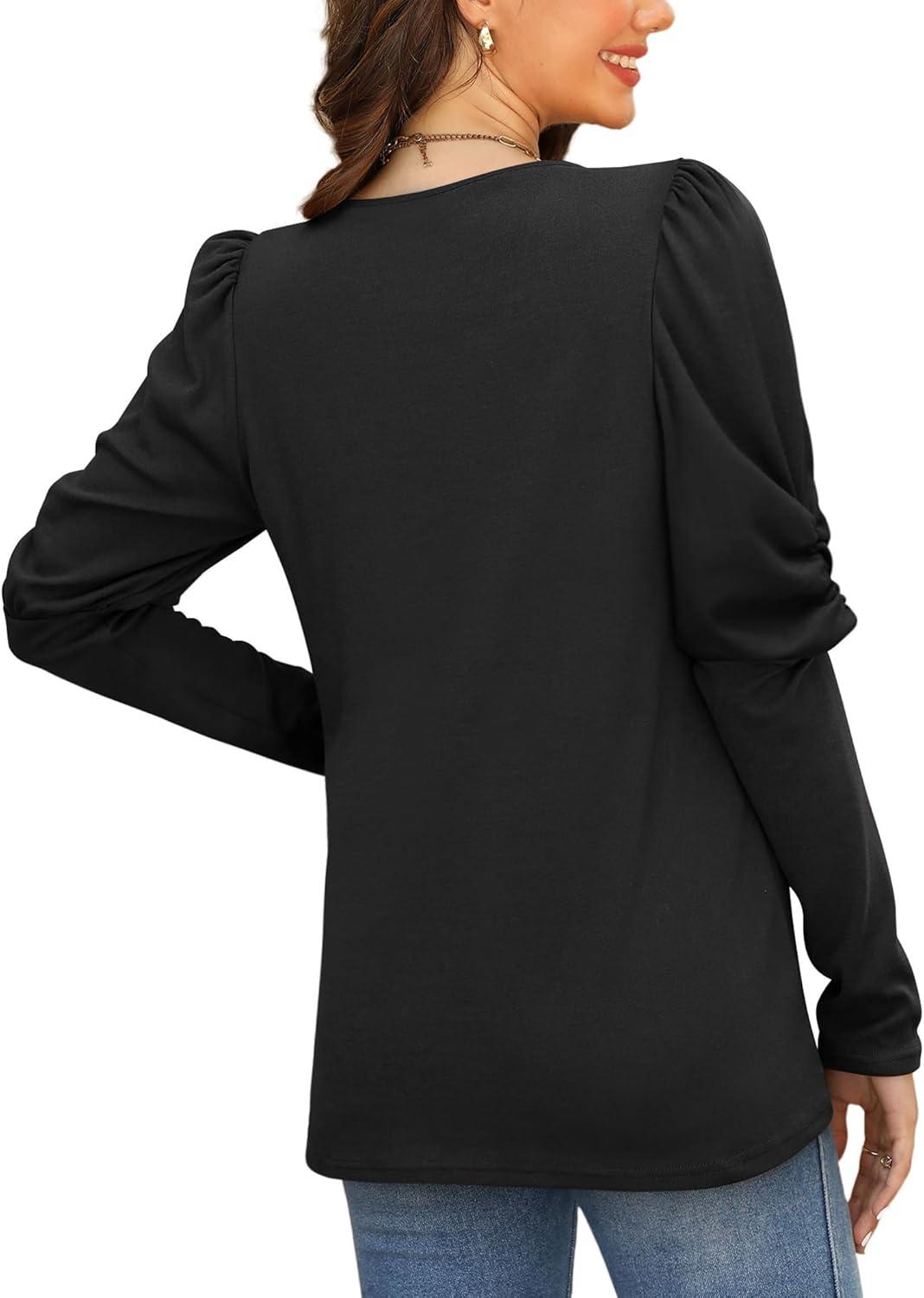 imageXIEERDUO Long Sleeve Shirts For Women Tunic Tops Puff Sleeve Shirt Square Neck Top