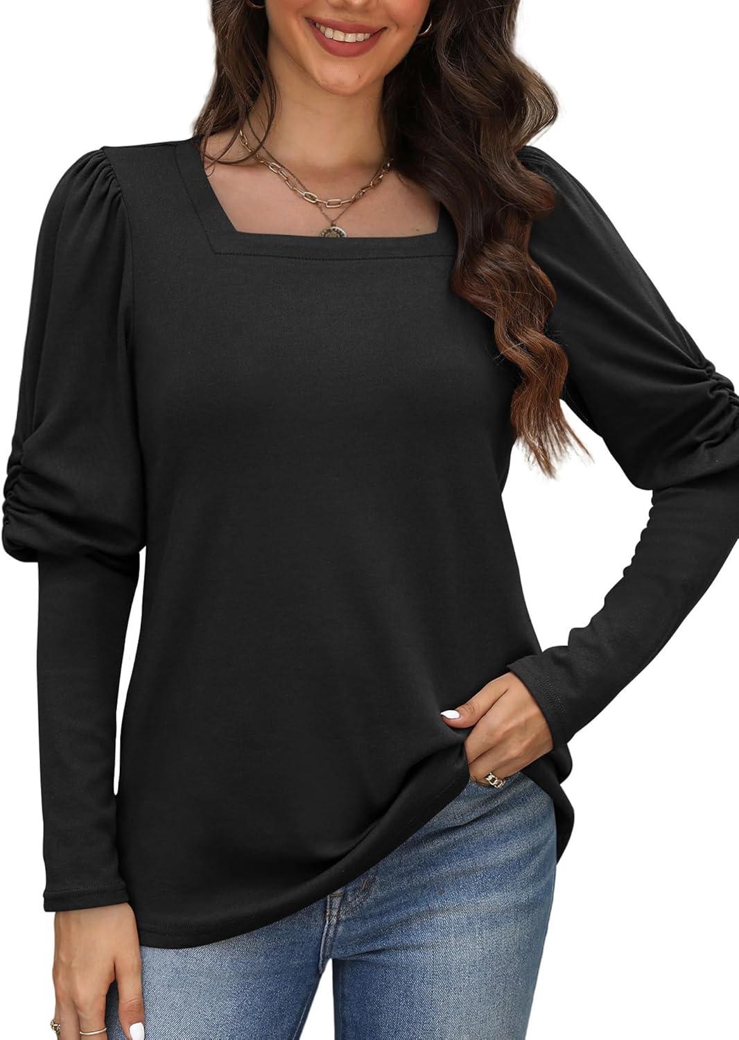 imageXIEERDUO Long Sleeve Shirts For Women Tunic Tops Puff Sleeve Shirt Square Neck Top