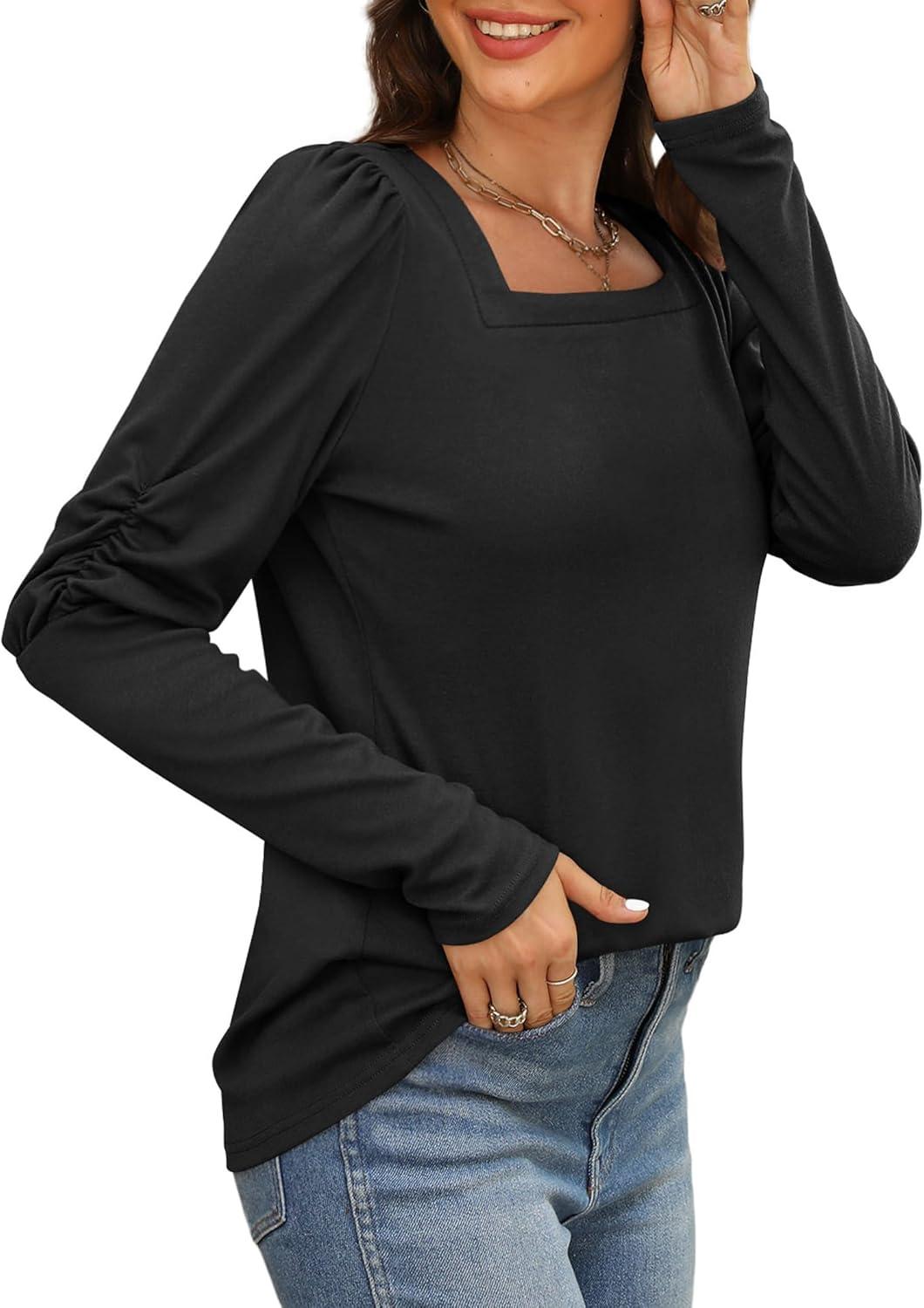 imageXIEERDUO Long Sleeve Shirts For Women Tunic Tops Puff Sleeve Shirt Square Neck Top