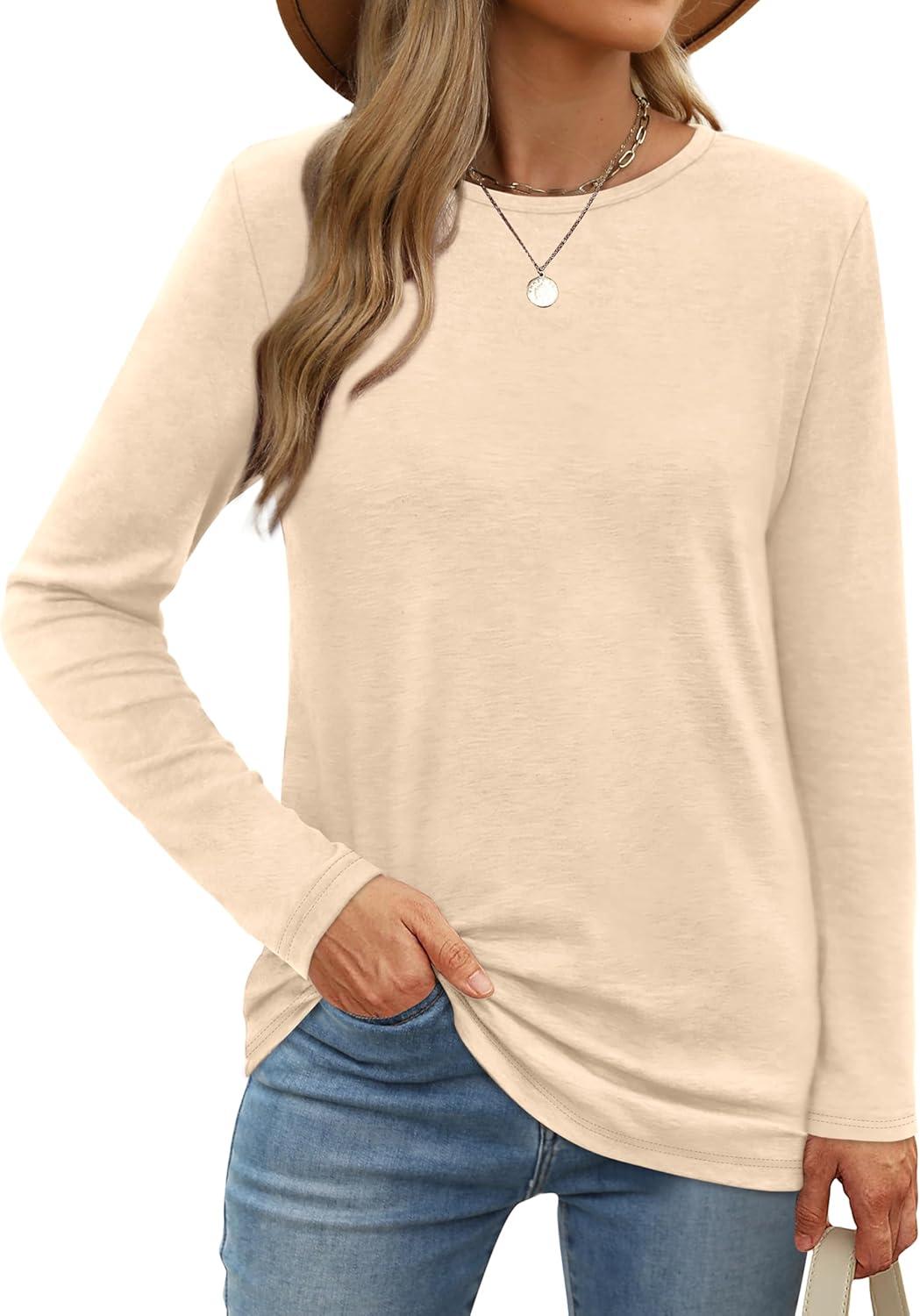 imageXIEERDUO Long Sleeve Shirts for Women Casual Crew Neck Basic Fall Tops Loose Fit ComfyApricot