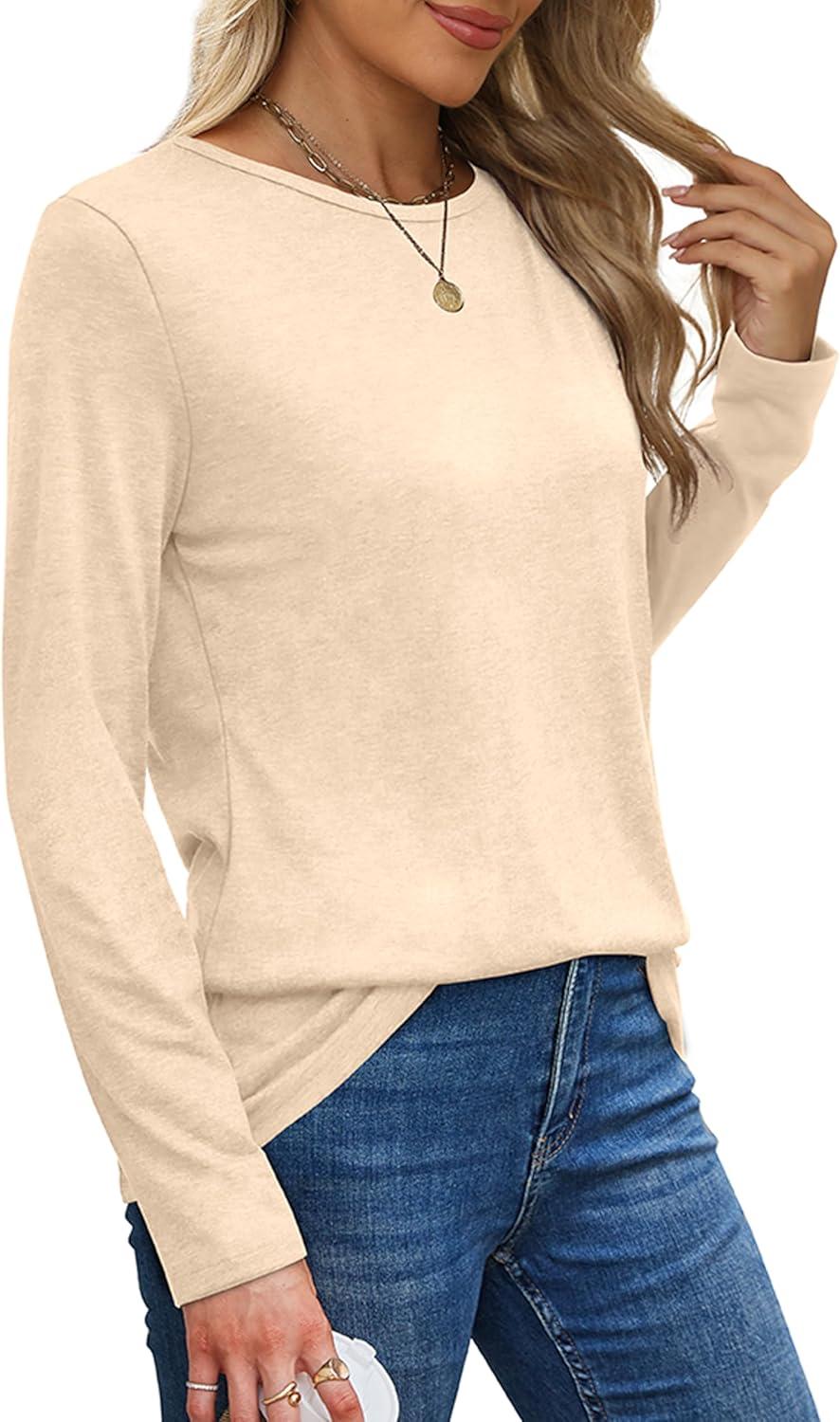 imageXIEERDUO Long Sleeve Shirts for Women Casual Crew Neck Basic Fall Tops Loose Fit ComfyApricot