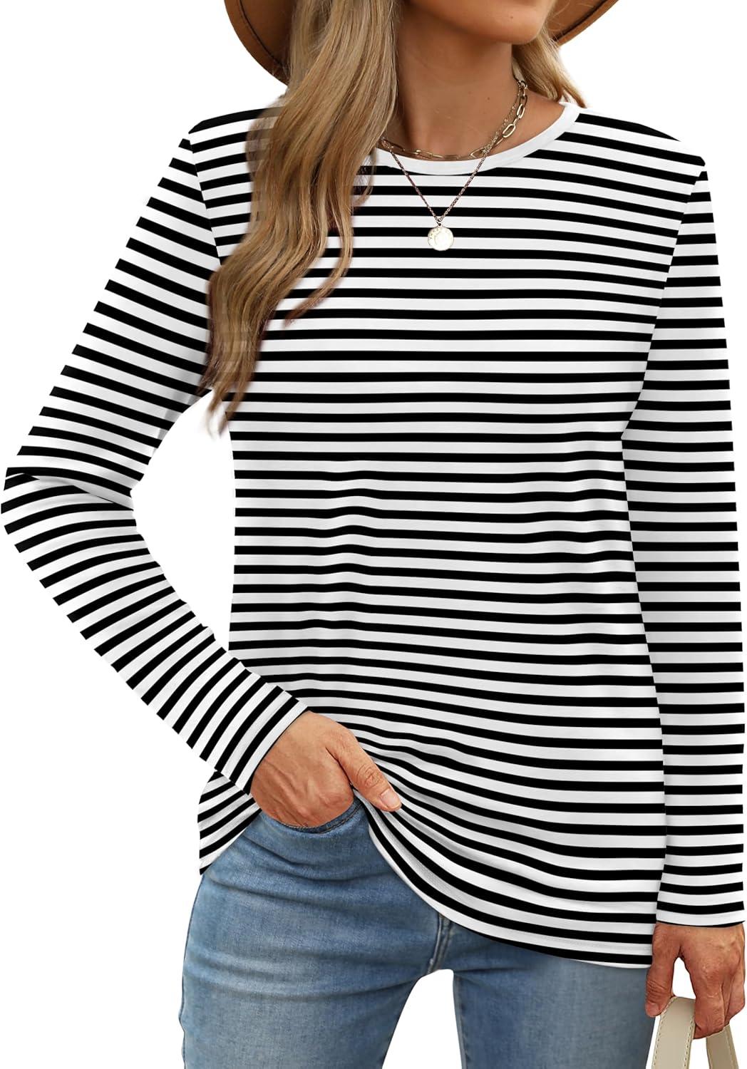 imageXIEERDUO Long Sleeve Shirts for Women Casual Crew Neck Basic Fall Tops Loose Fit ComfyBlack Striped