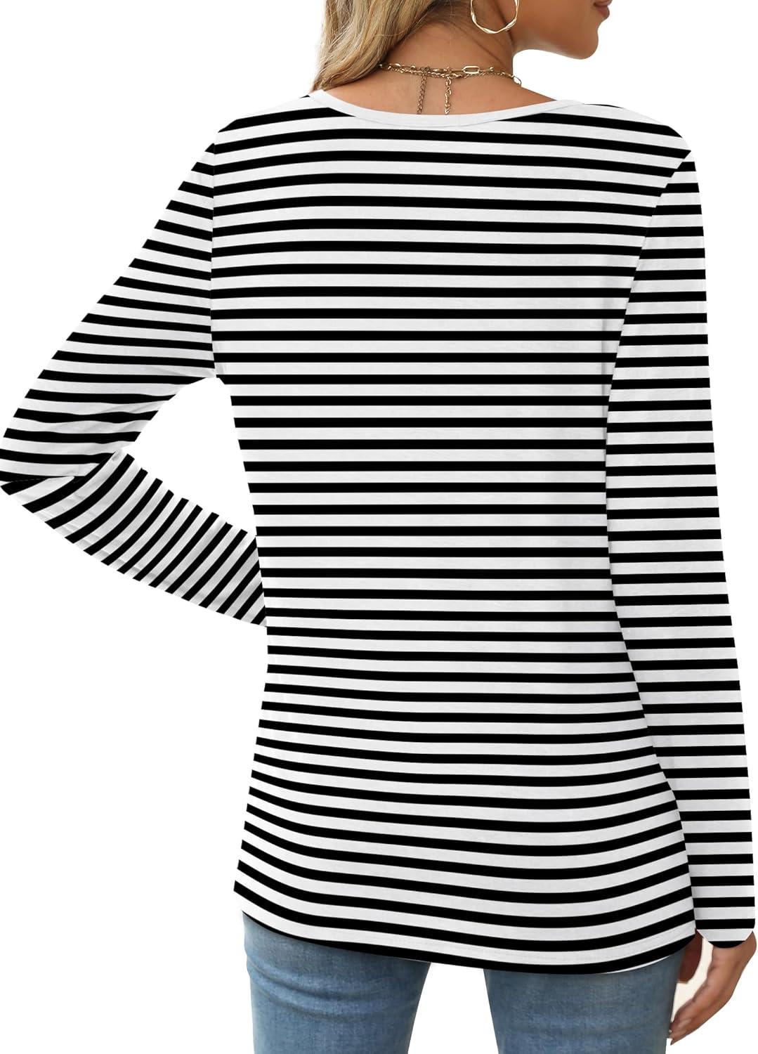 imageXIEERDUO Long Sleeve Shirts for Women Casual Crew Neck Basic Fall Tops Loose Fit ComfyBlack Striped