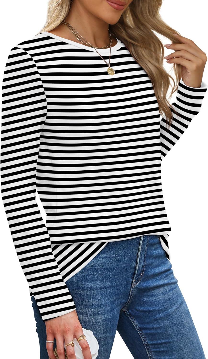 imageXIEERDUO Long Sleeve Shirts for Women Casual Crew Neck Basic Fall Tops Loose Fit ComfyBlack Striped