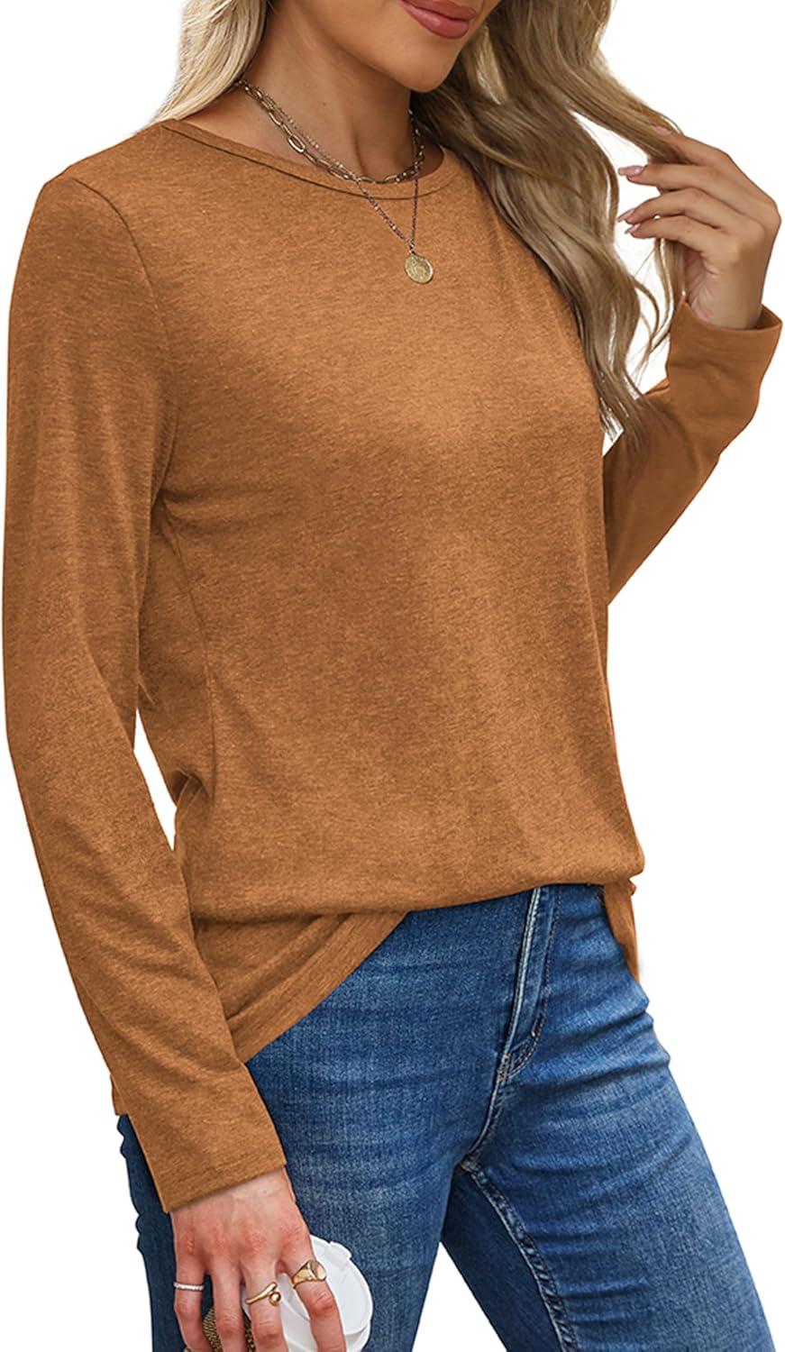 imageXIEERDUO Long Sleeve Shirts for Women Casual Crew Neck Basic Fall Tops Loose Fit ComfyCaramel