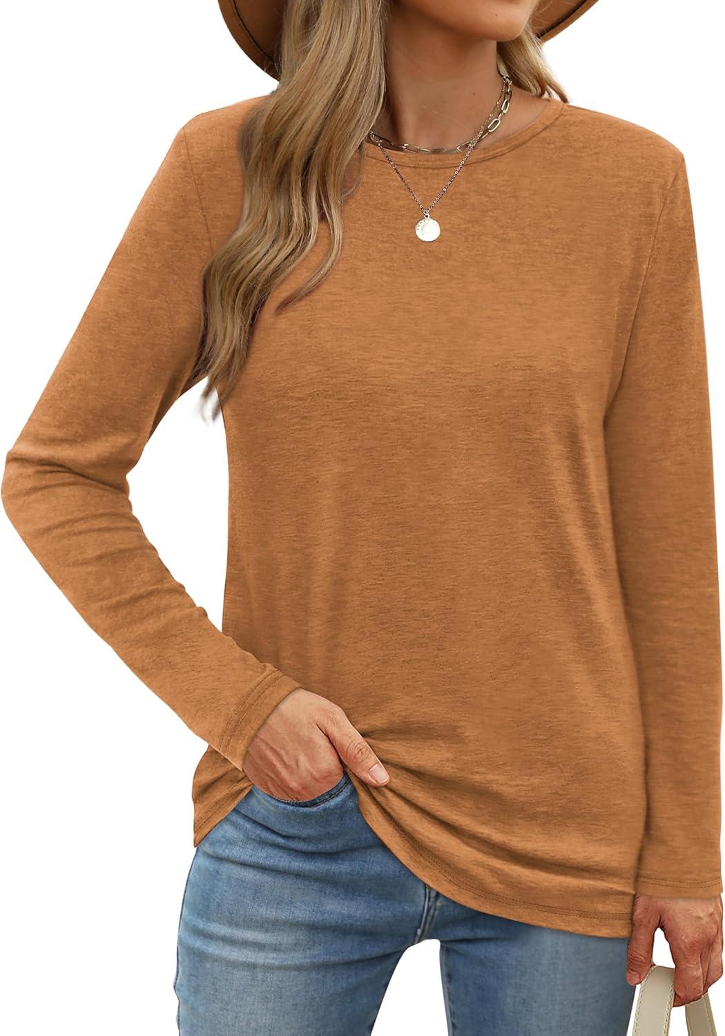 imageXIEERDUO Long Sleeve Shirts for Women Casual Crew Neck Basic Fall Tops Loose Fit ComfyCaramel