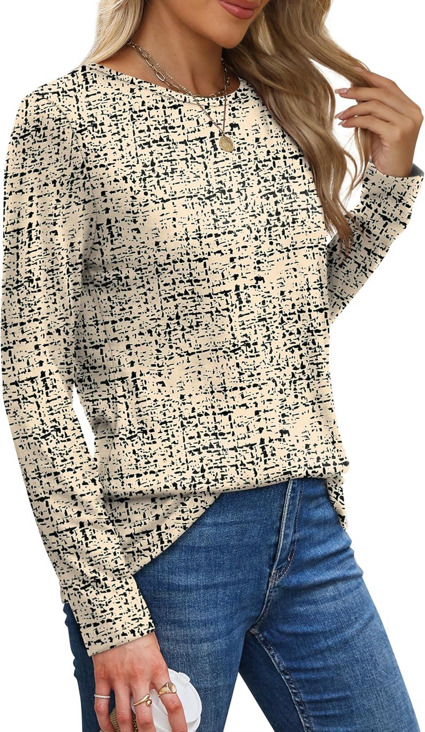 imageXIEERDUO Long Sleeve Shirts for Women Casual Crew Neck Basic Fall Tops Loose Fit ComfyD Black Print