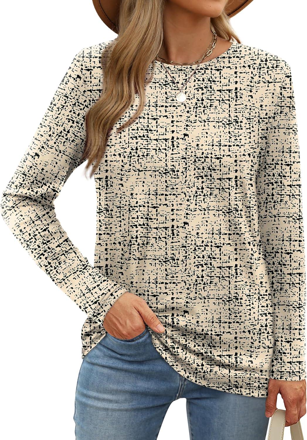 imageXIEERDUO Long Sleeve Shirts for Women Casual Crew Neck Basic Fall Tops Loose Fit ComfyD Black Print