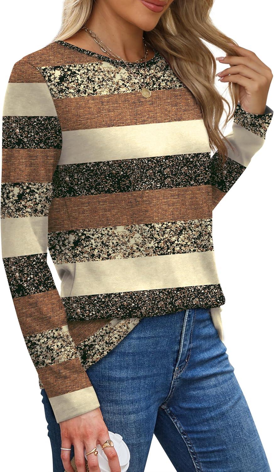 imageXIEERDUO Long Sleeve Shirts for Women Casual Crew Neck Basic Fall Tops Loose Fit ComfyD Brown Striped