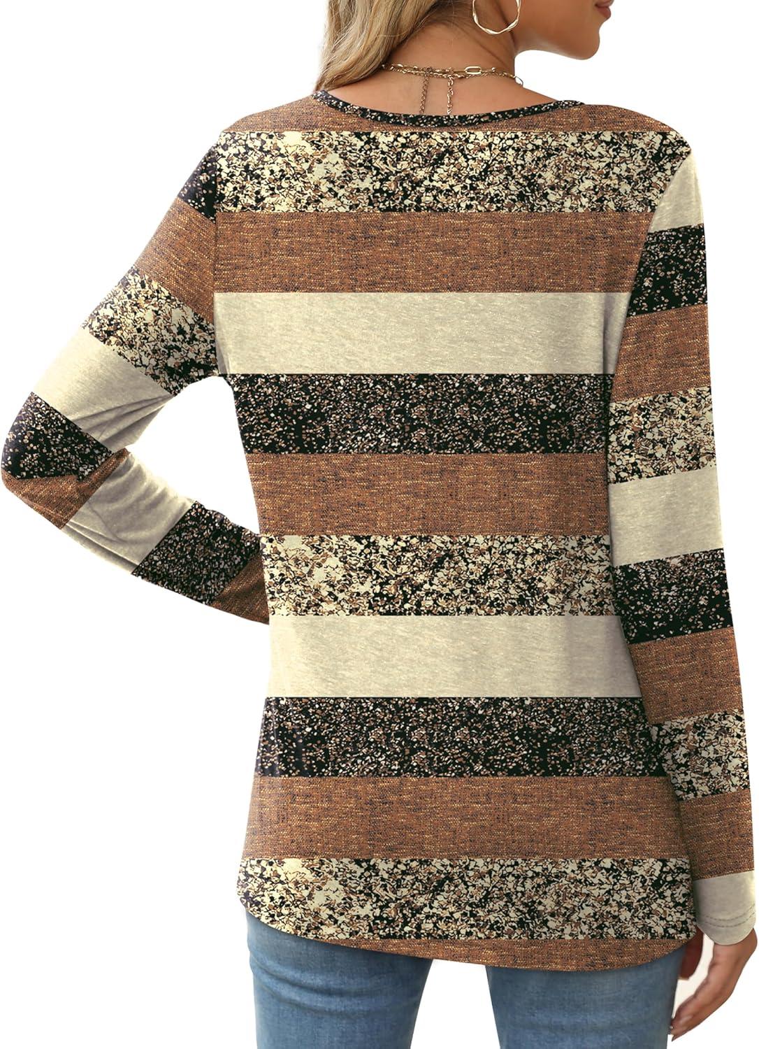 imageXIEERDUO Long Sleeve Shirts for Women Casual Crew Neck Basic Fall Tops Loose Fit ComfyD Brown Striped