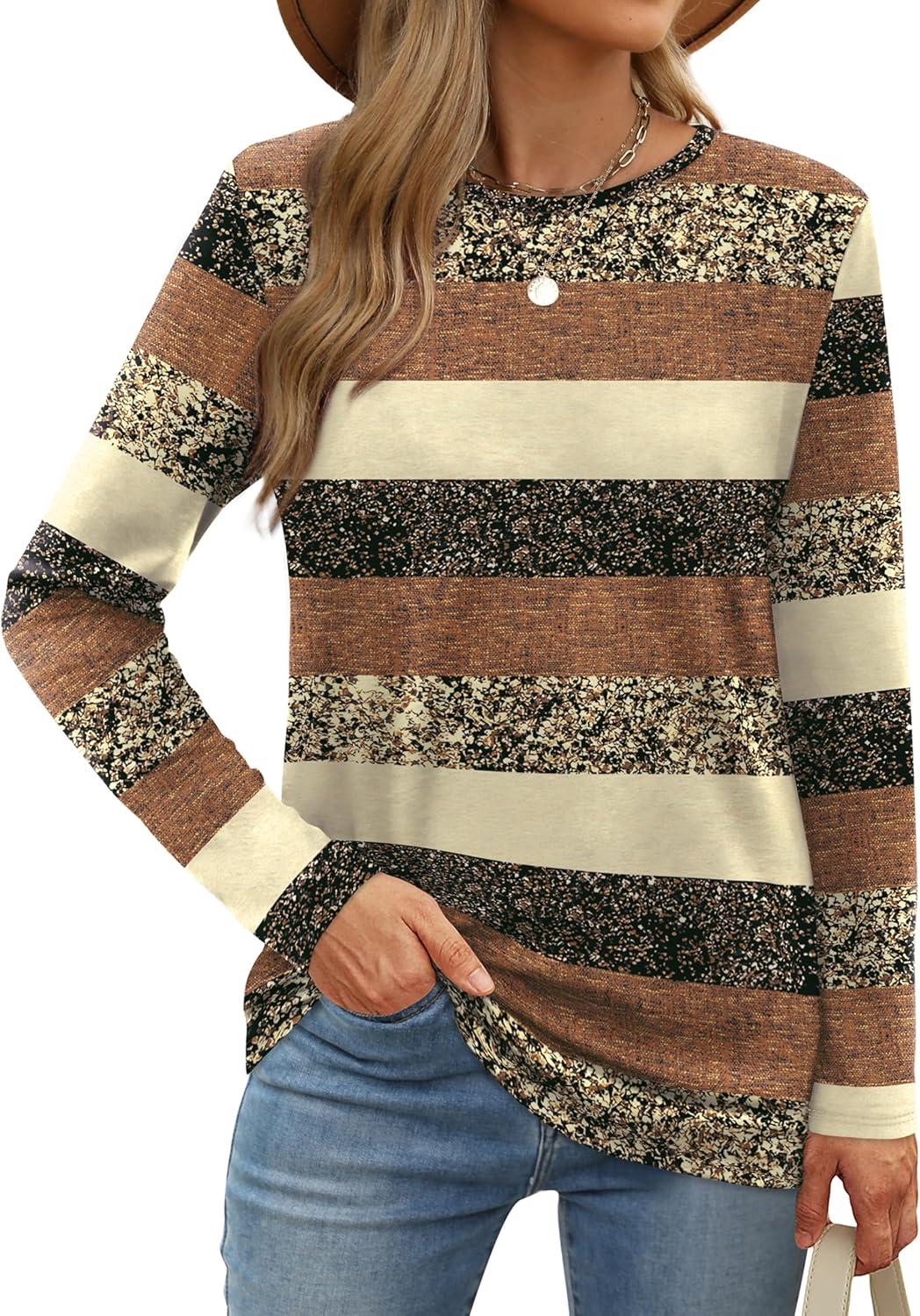 imageXIEERDUO Long Sleeve Shirts for Women Casual Crew Neck Basic Fall Tops Loose Fit ComfyD Brown Striped