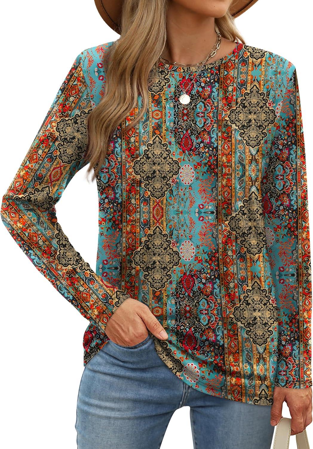 imageXIEERDUO Long Sleeve Shirts for Women Casual Crew Neck Basic Fall Tops Loose Fit ComfyD Ethnic Boho