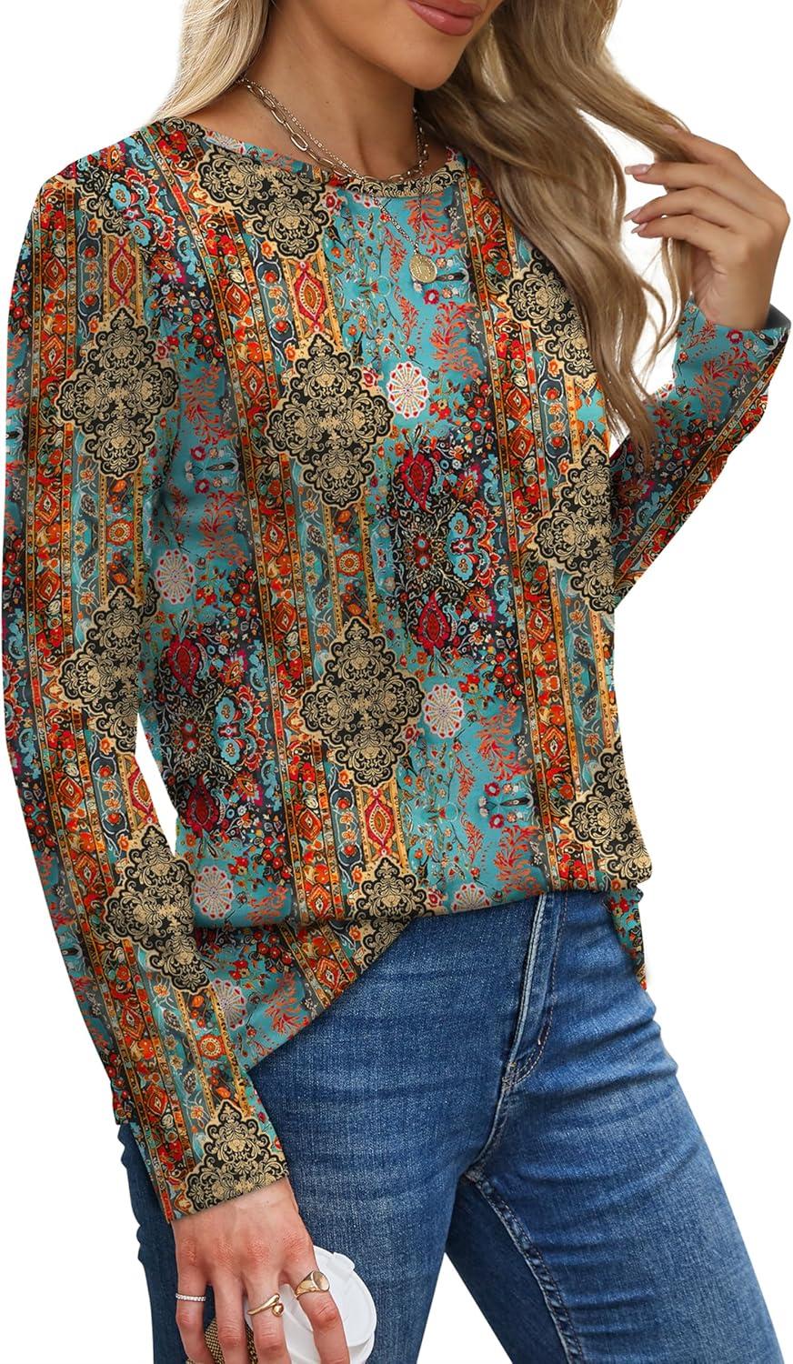 imageXIEERDUO Long Sleeve Shirts for Women Casual Crew Neck Basic Fall Tops Loose Fit ComfyD Ethnic Boho