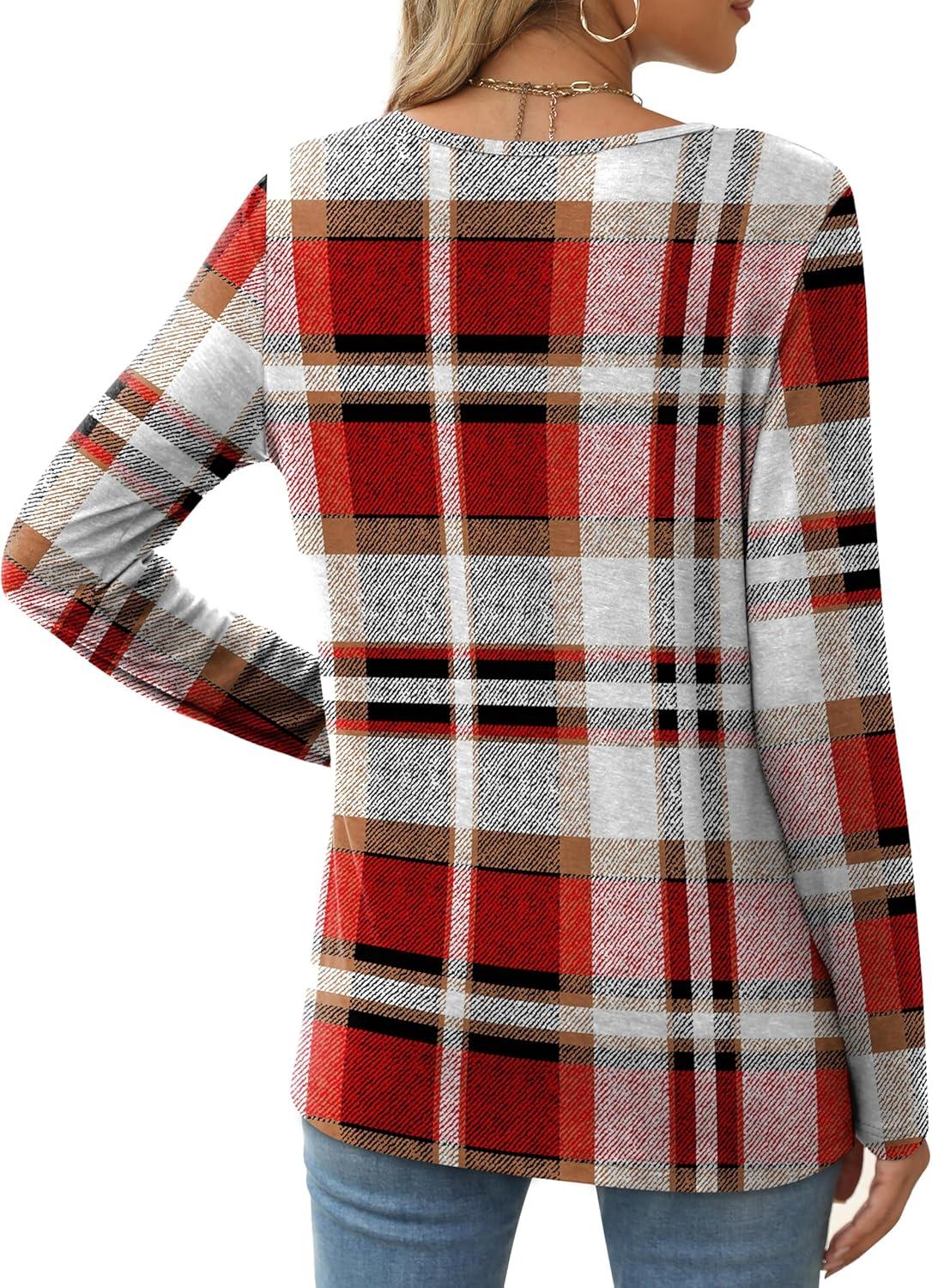 imageXIEERDUO Long Sleeve Shirts for Women Casual Crew Neck Basic Fall Tops Loose Fit ComfyD Red Plaid